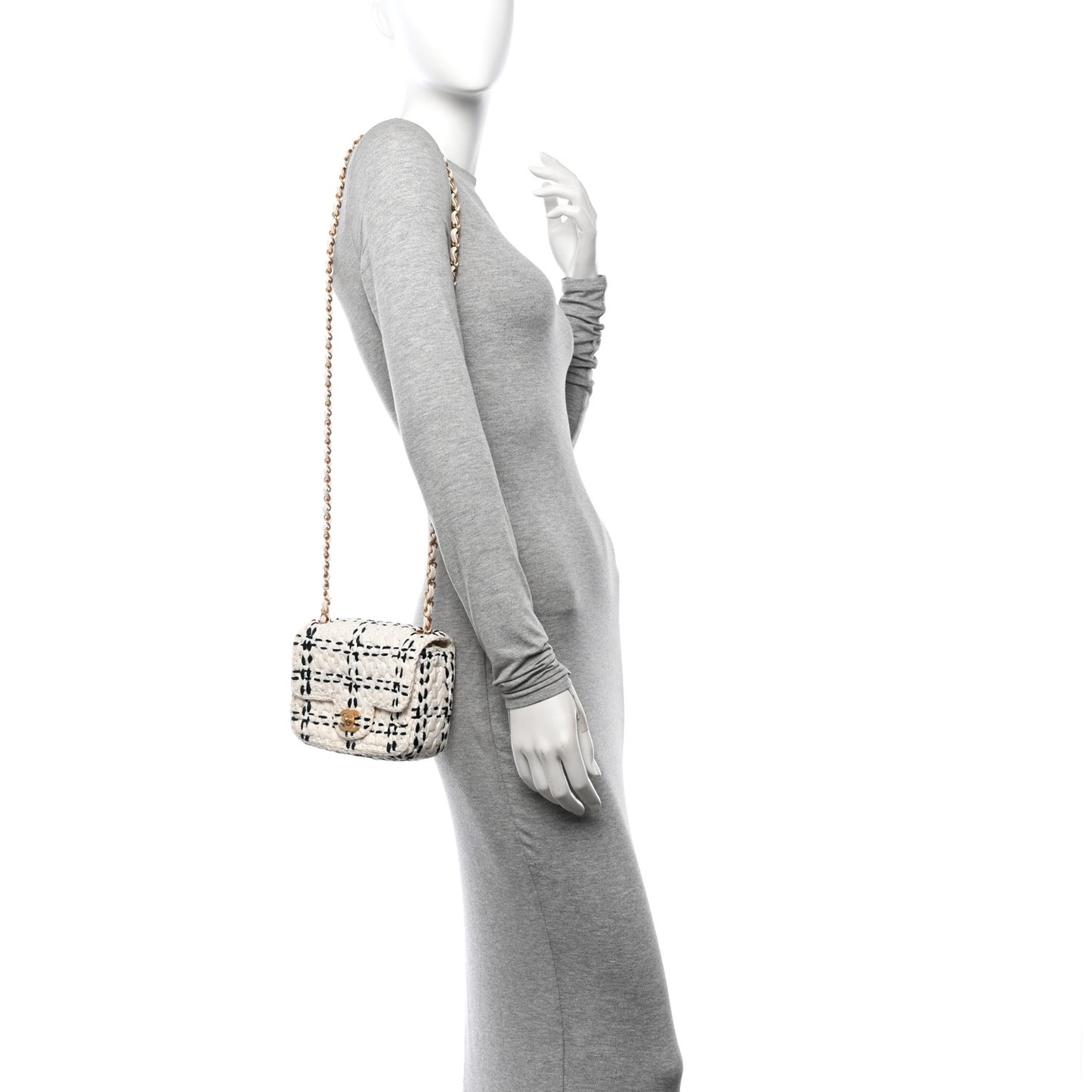 Raffia Effect Tweedy Mini Flap Bag White Black