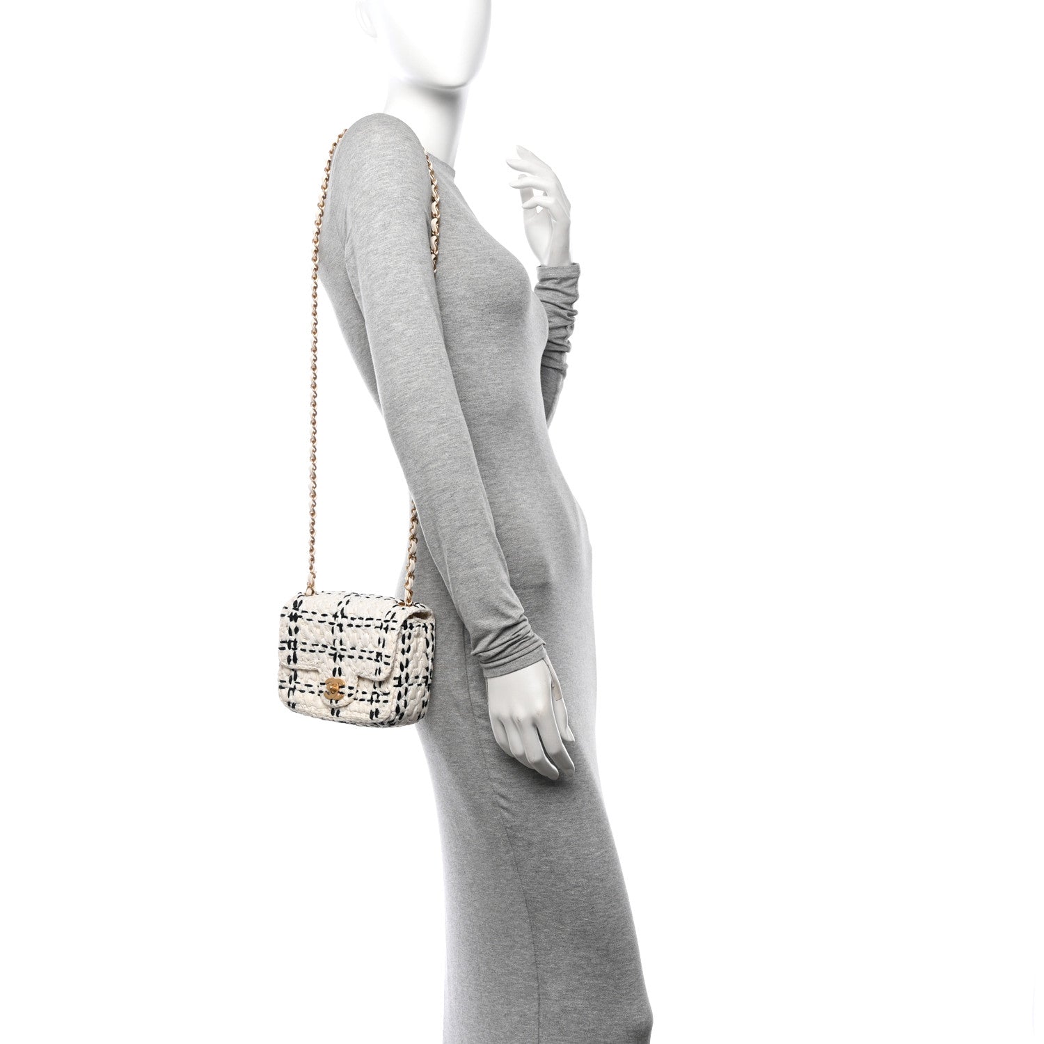 Chanel Raffia Effect Tweedy Mini Flap Bag White Black 2 of 10