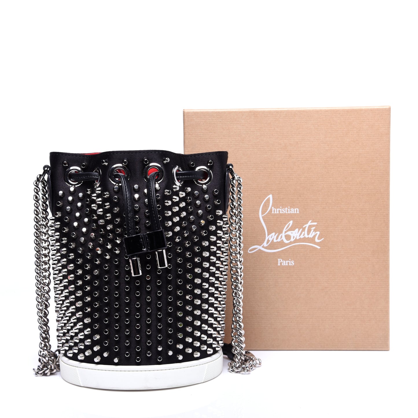 Silk Satin Calfskin Marie Jane Loubirun Studded Bucket Black Silver
