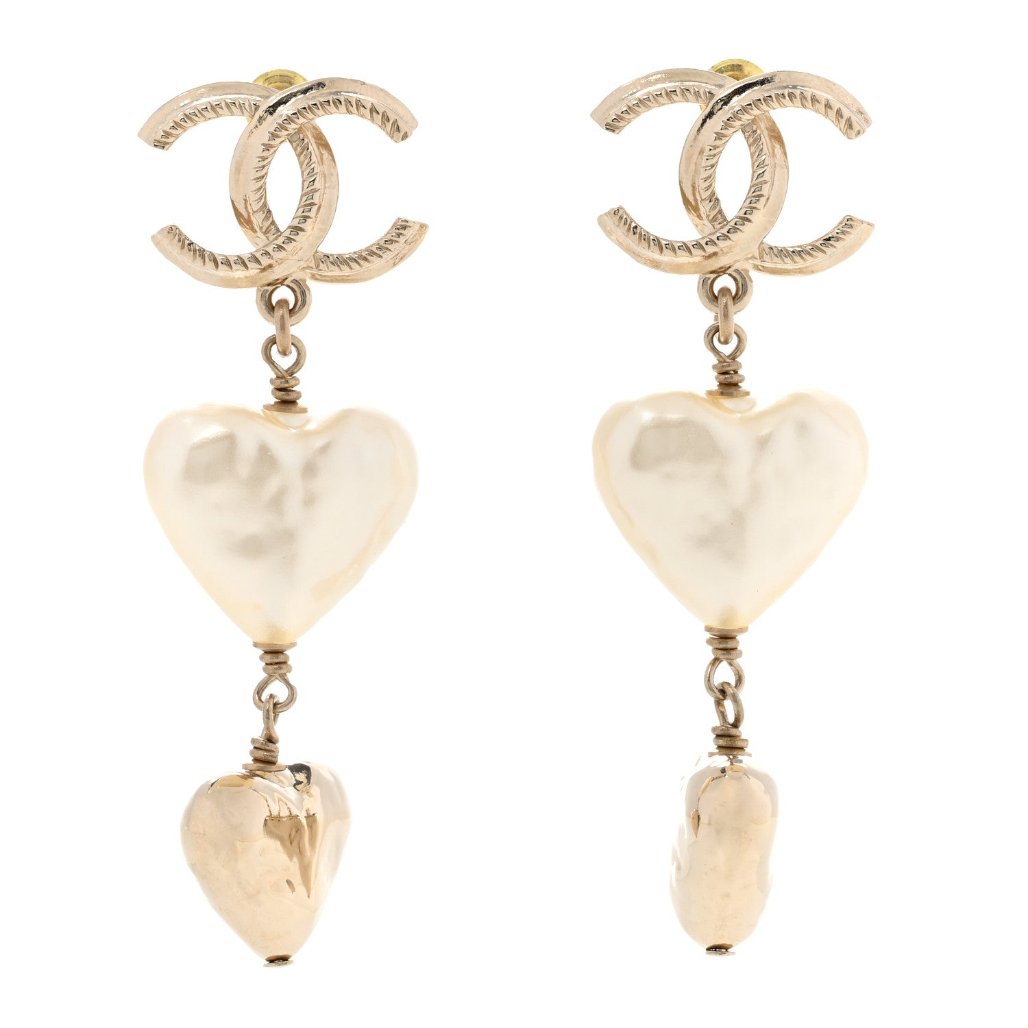 Chanel Metal Pearl CC Double Heart Drop Earrings Gold 1 of 5