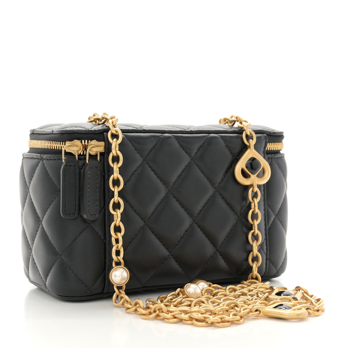 Lambskin Enamel Pearl Quilted Small Charm Me Vanity Case With Chain Black