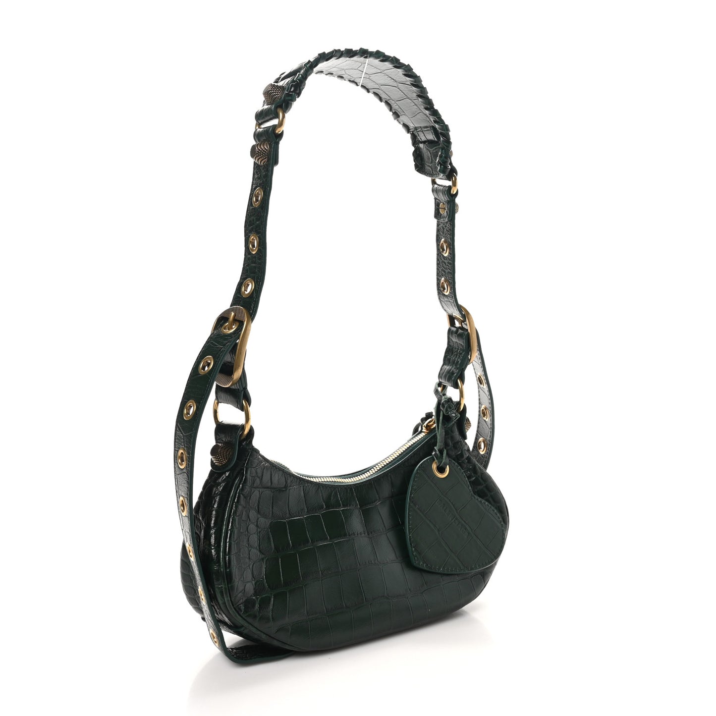 Extra Supple Calfskin Crocodile Embossed Le Cagole Shoulder Bag XS Forest Green
