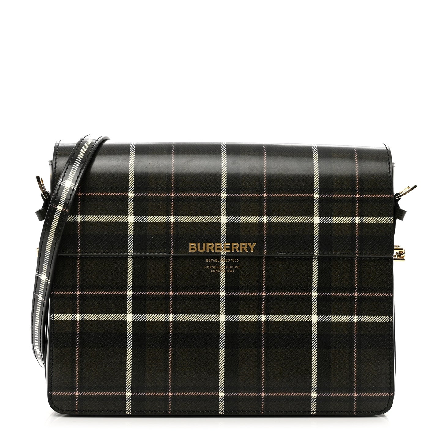 Calfskin Tartan Print Large Grace Bag Dark Green