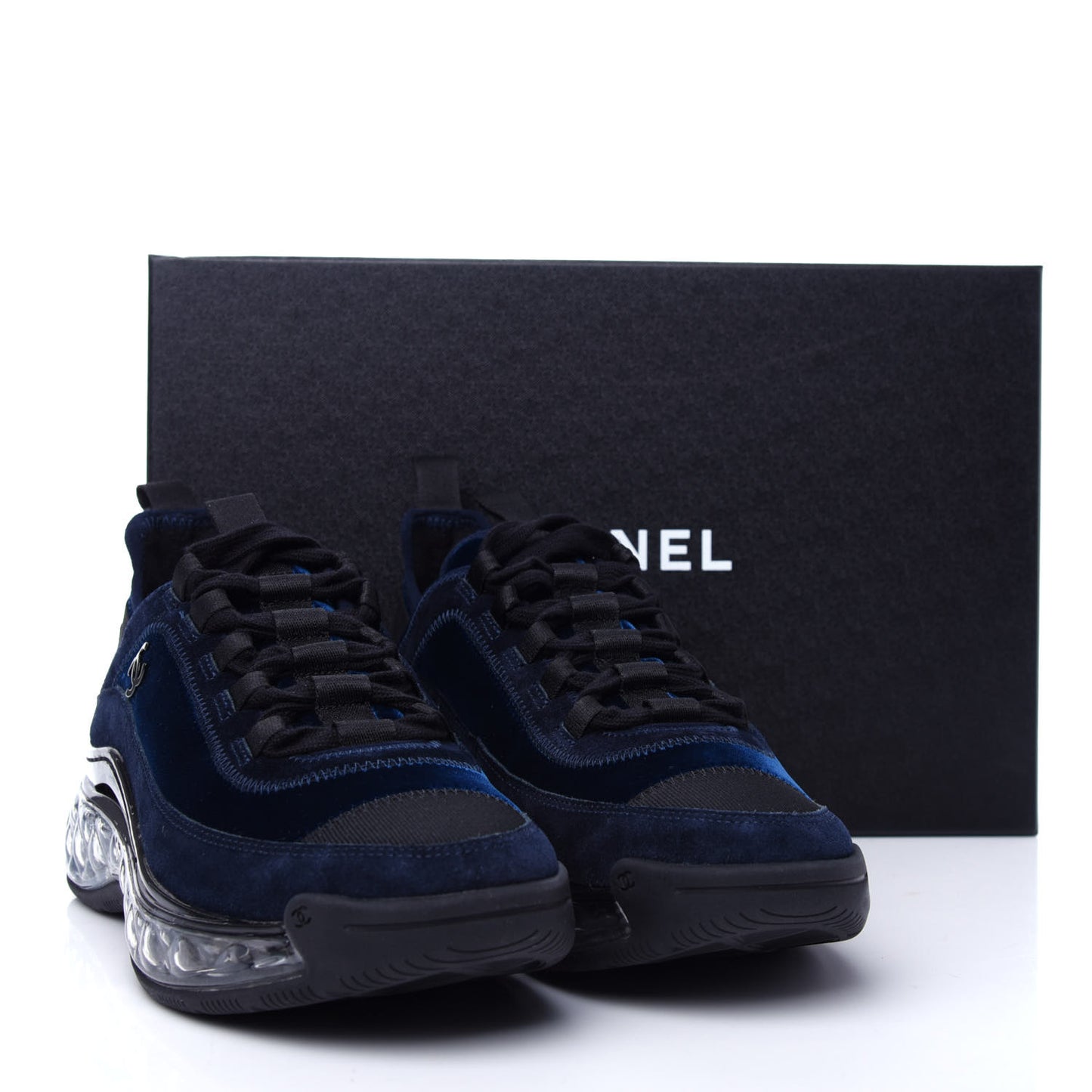 Suede Calfskin Velvet Grosgrain CC Sneakers 36.5 Navy Blue Black