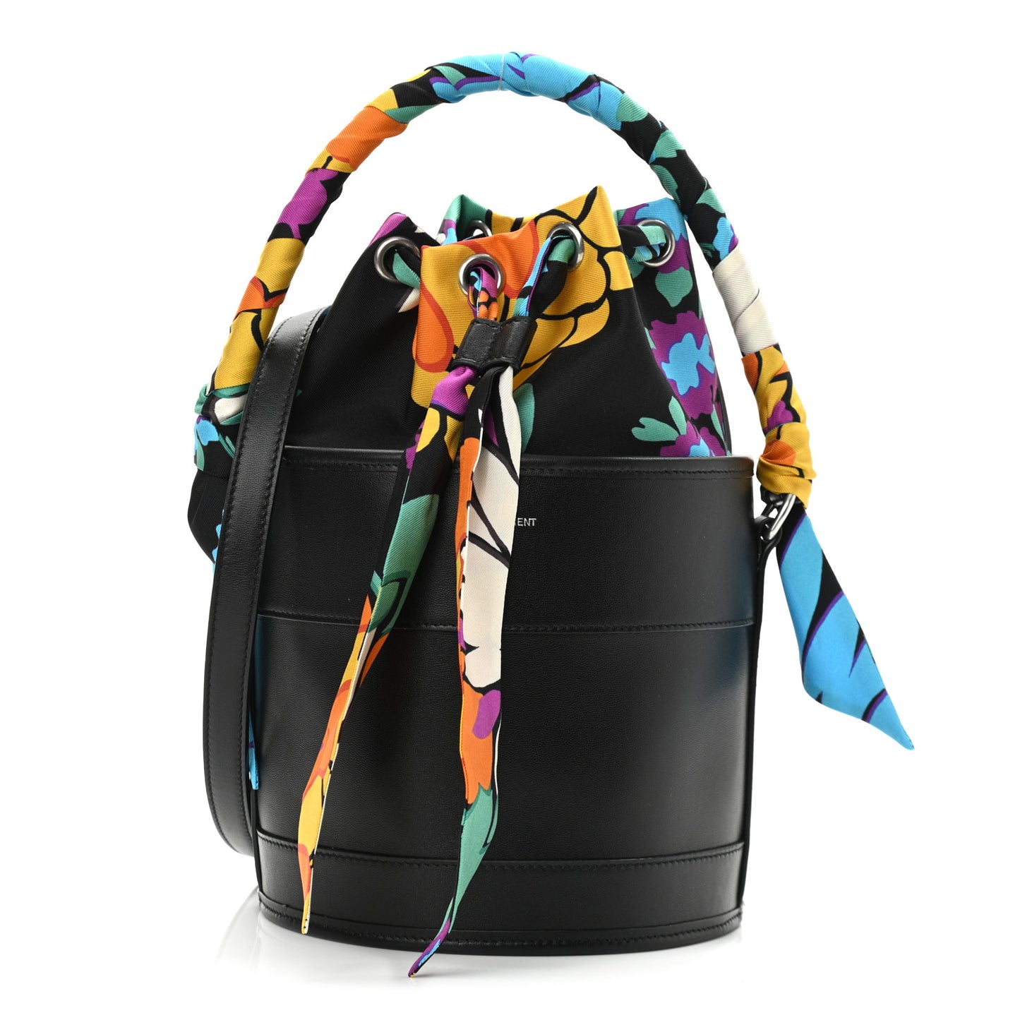 Calfskin Silk Floral Print Small Bucket Bag Black Multicolor