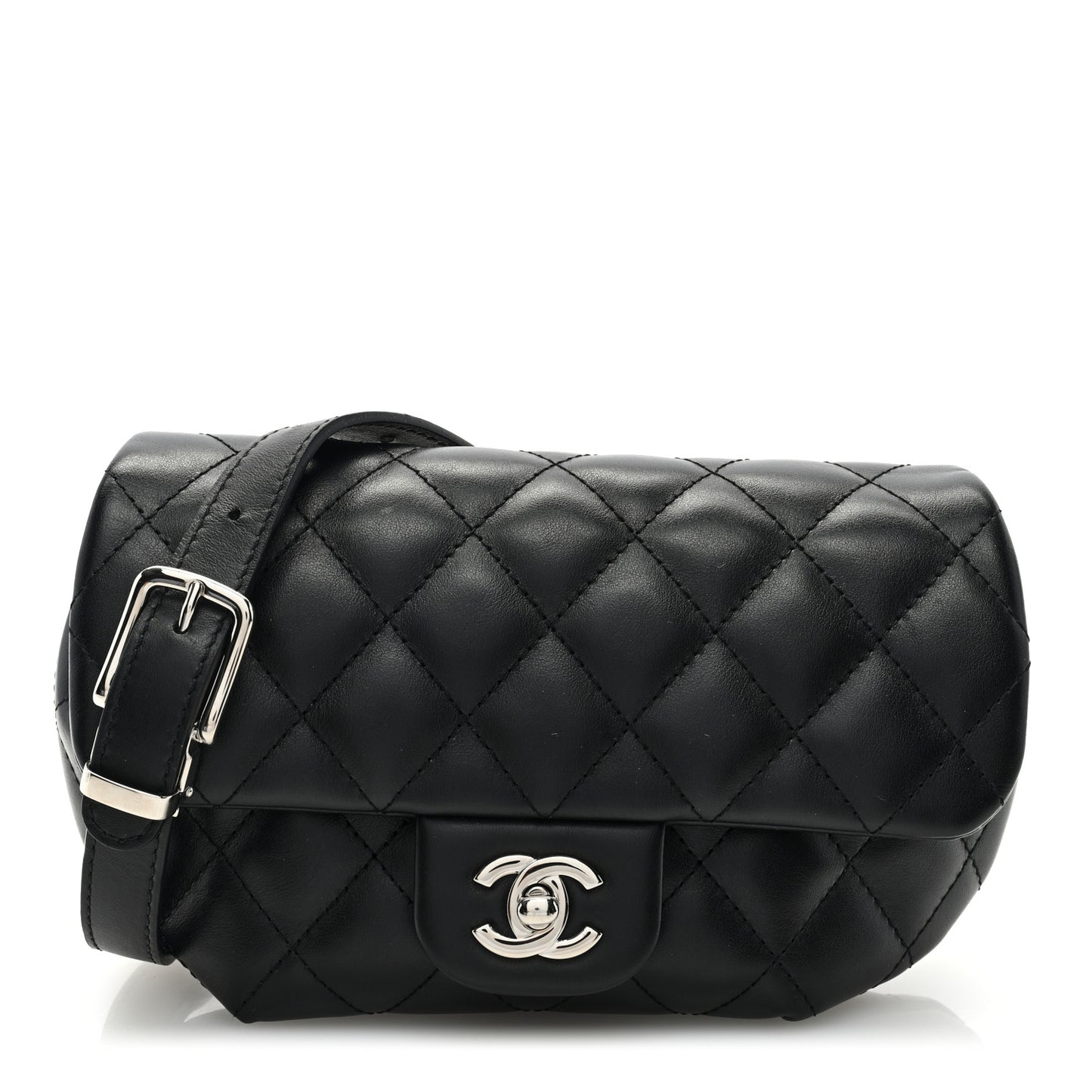 Calfskin Quilted CC Uniform Flap Belt Bag Black