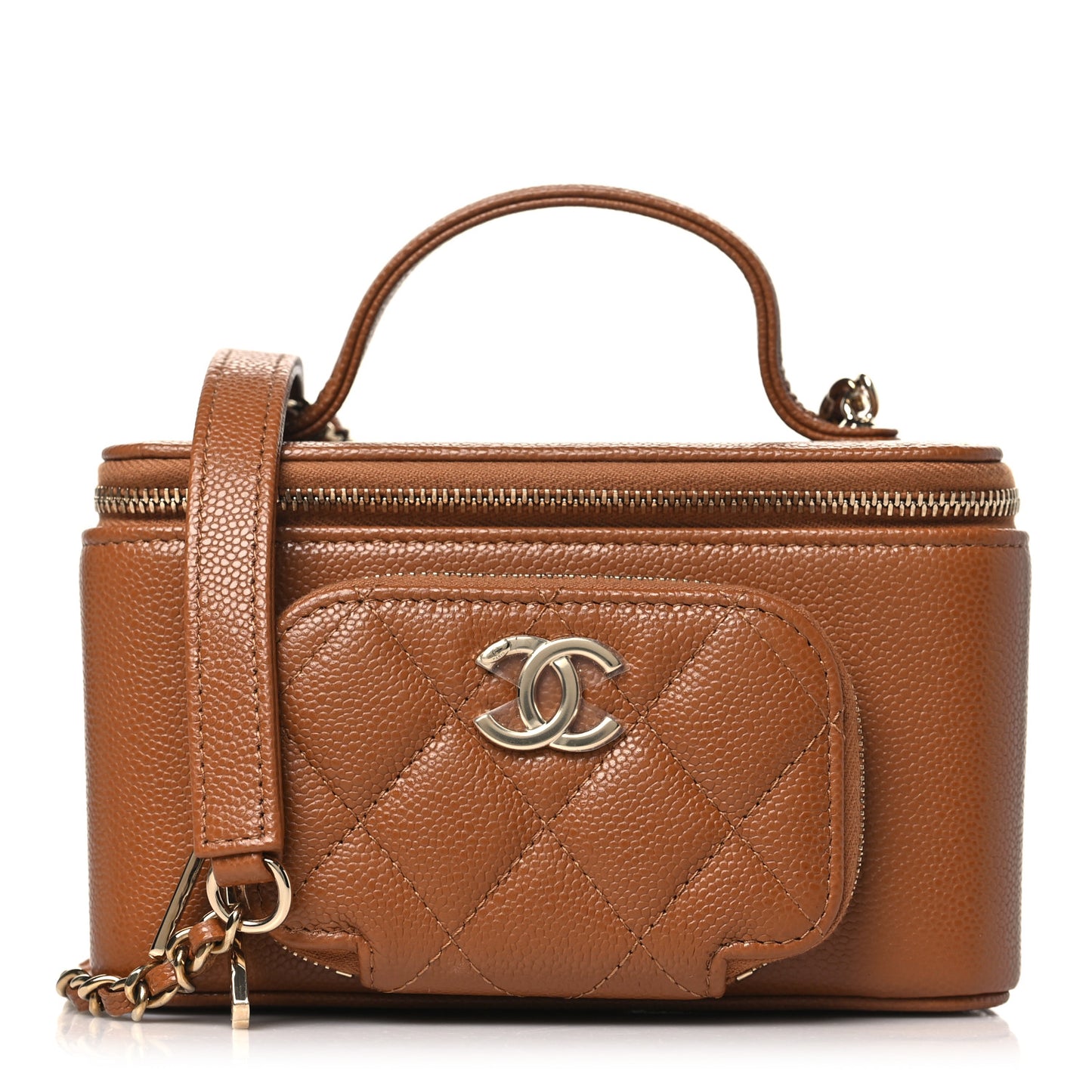 Caviar Quilted Top Handle Pocket Vanity Case Camel