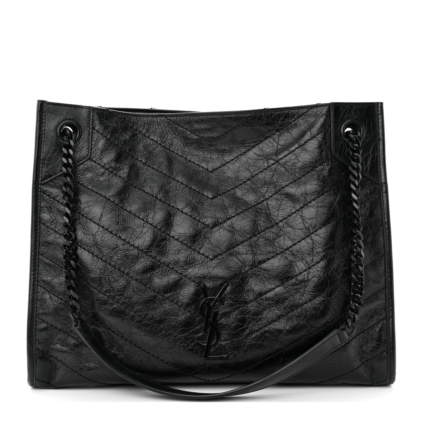 Crinkled Calfskin Matelasse Monogram Medium Niki Shopper Tote Black
