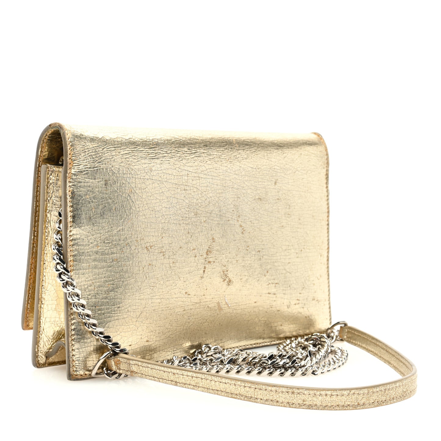 Metallic Crackled Calfskin Kate Monogram Tassel Chain Wallet Gold