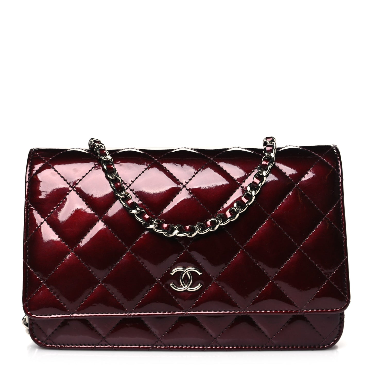 Patent Quilted Wallet On Chain WOC Burgundy