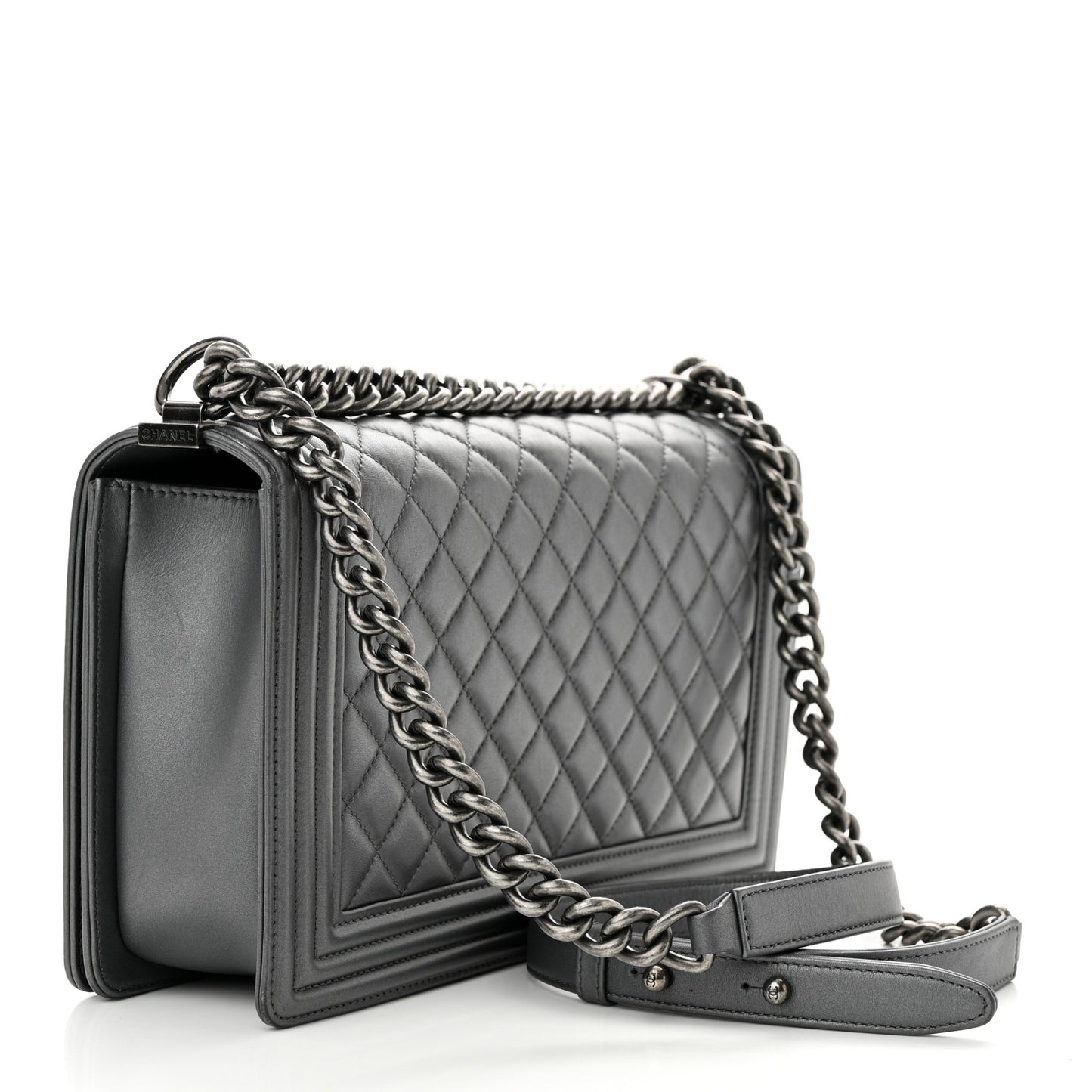 Metallic Calfskin Quilted New Medium Boy Flap Dark Silver