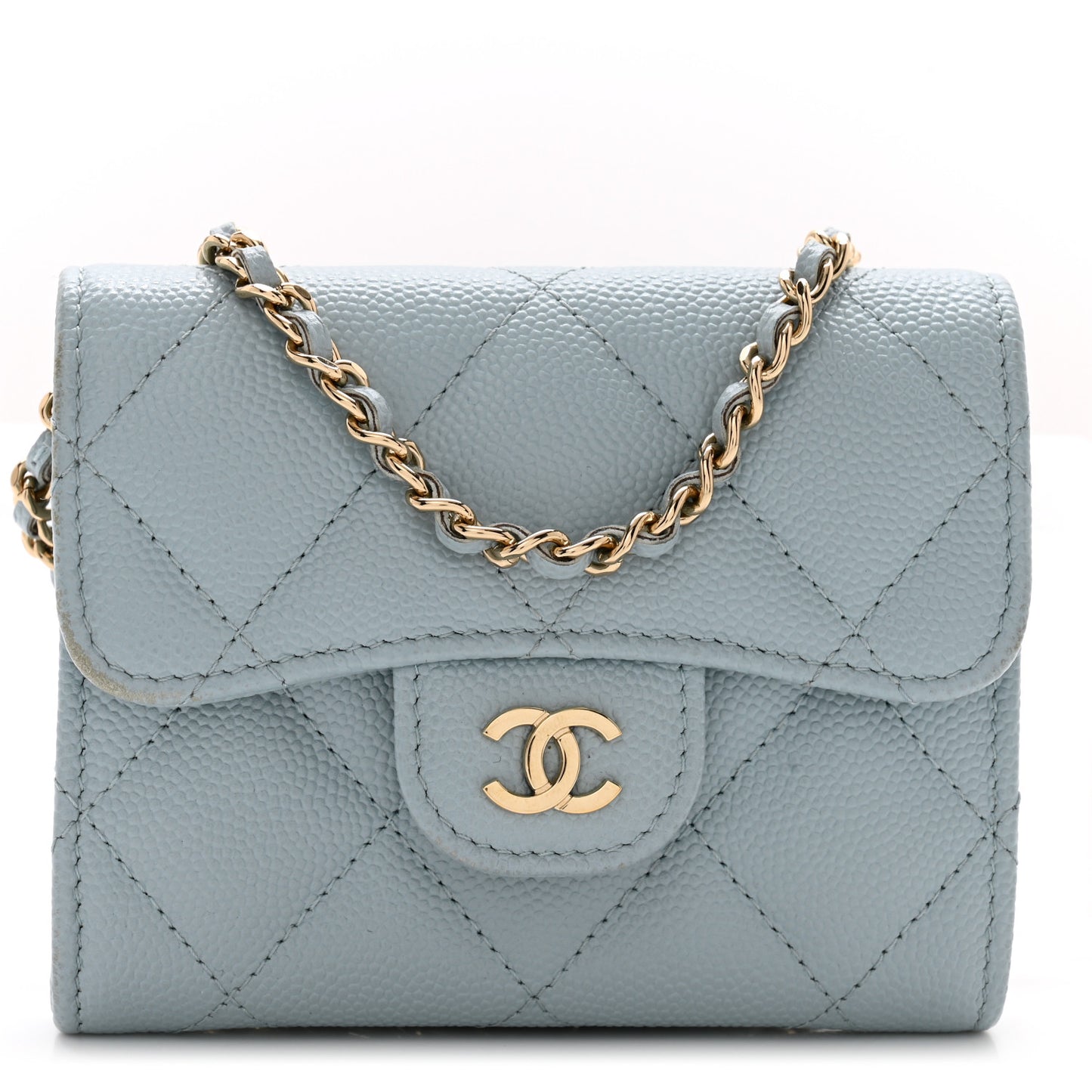Caviar Quilted Flap Card Holder On Chain Light Blue