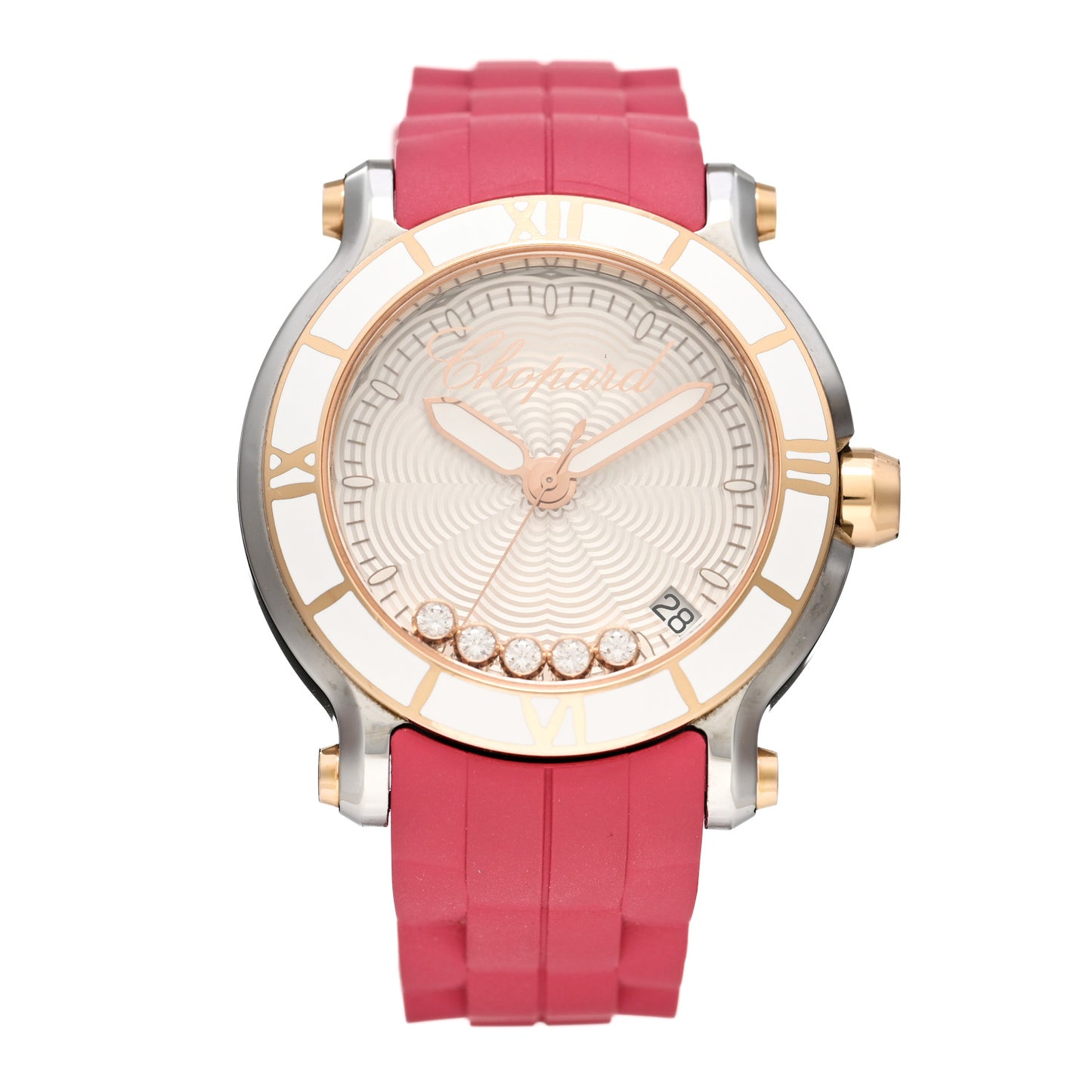 Stainless Steel 18K Rose Gold Rubber 5 Diamond 36mm Happy Sport Guilloche Quartz Watch