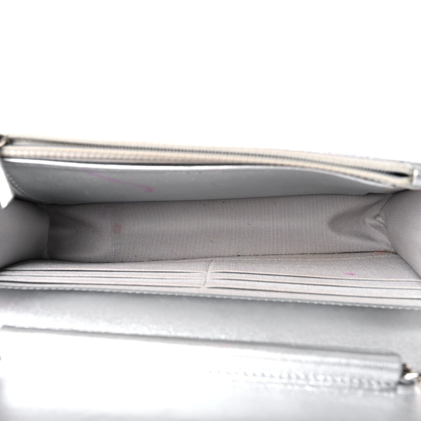 Metallic Lambskin Quilted Wallet On Chain WOC Silver