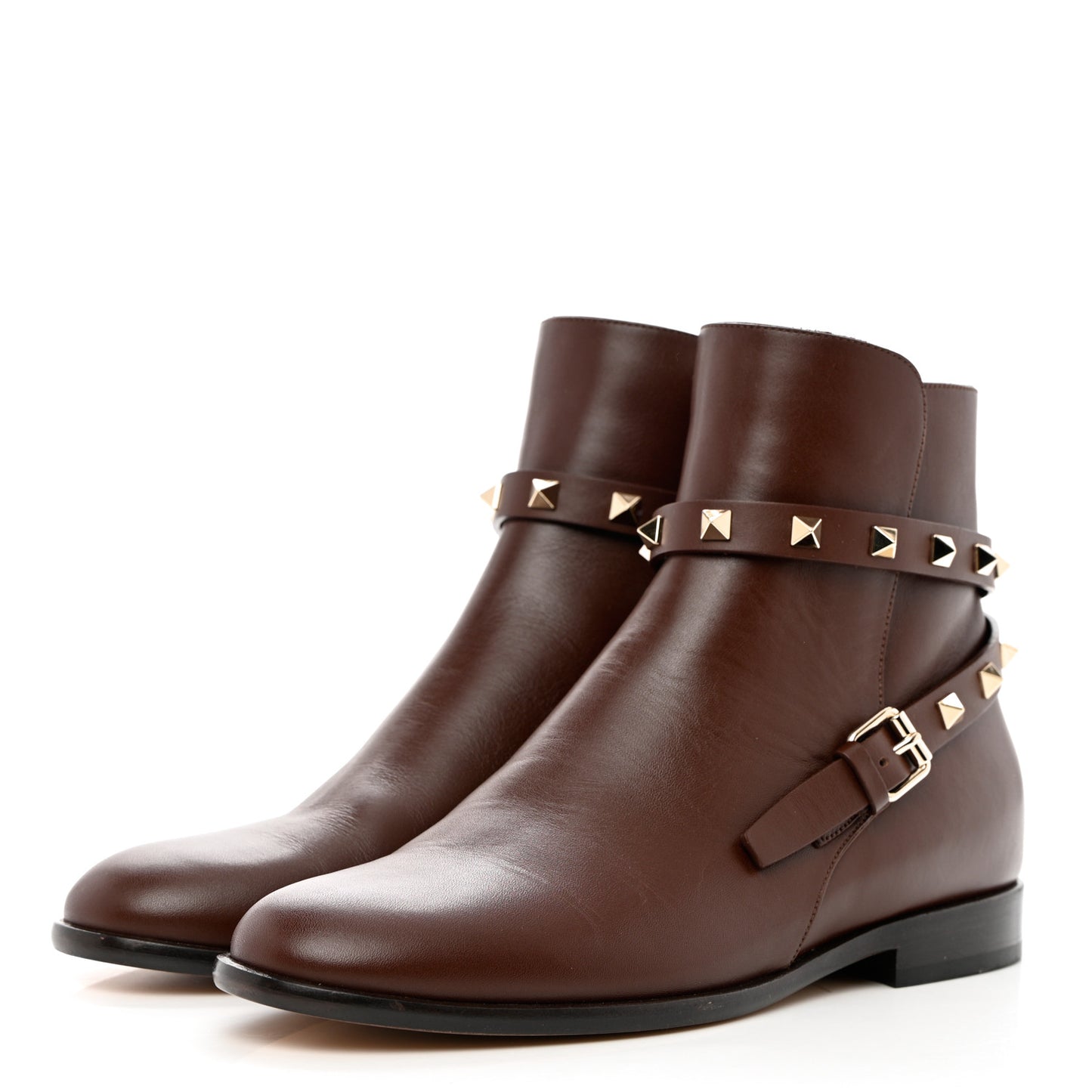 Calfskin Rockstud Buckle Ankle Boots 37 Light Brown