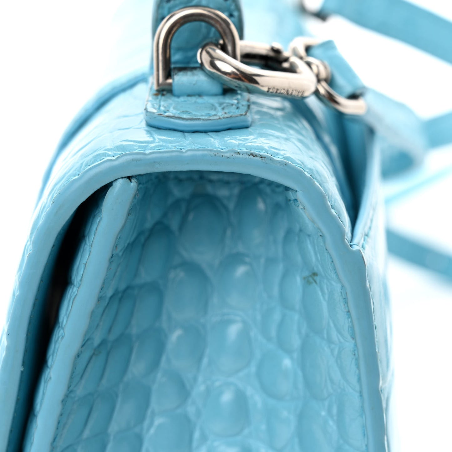 Shiny Calfskin Crocodile Embossed Hourglass Top Handle Bag XS Bright Bleu