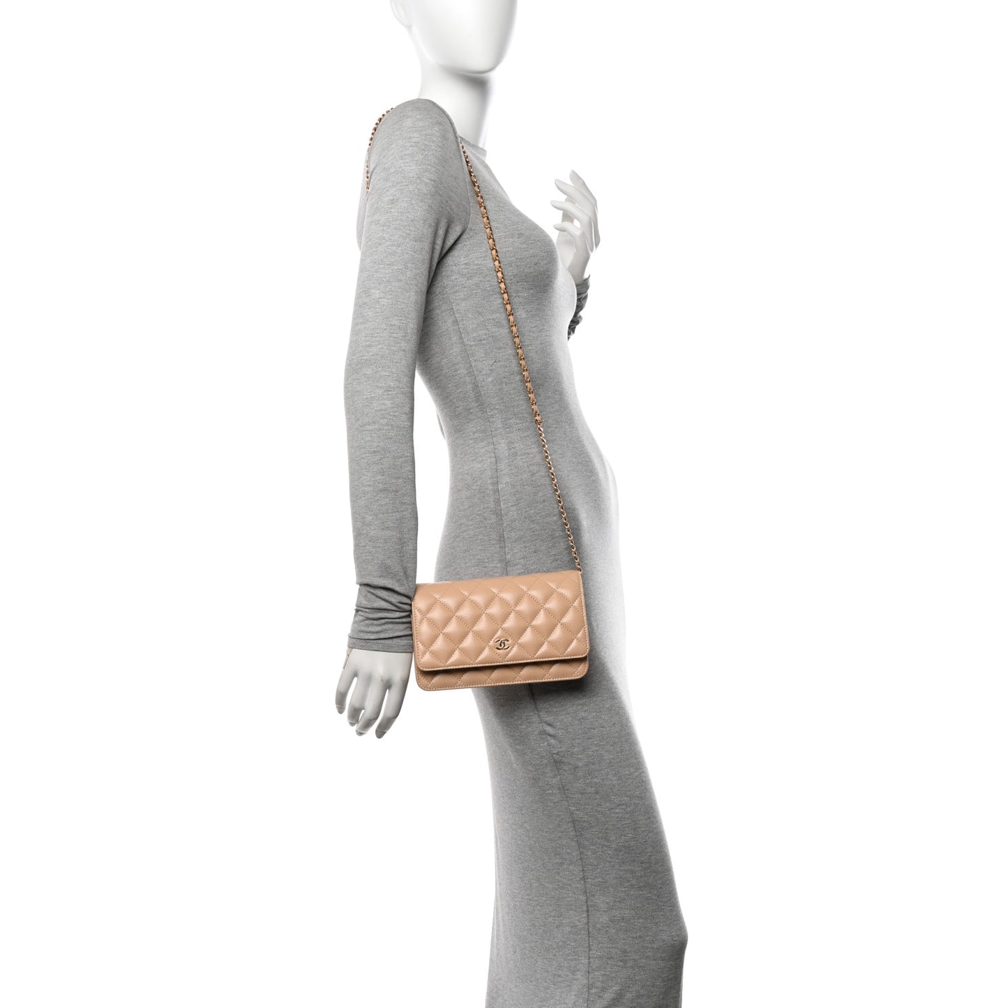 Caviar Quilted Wallet on Chain WOC Beige