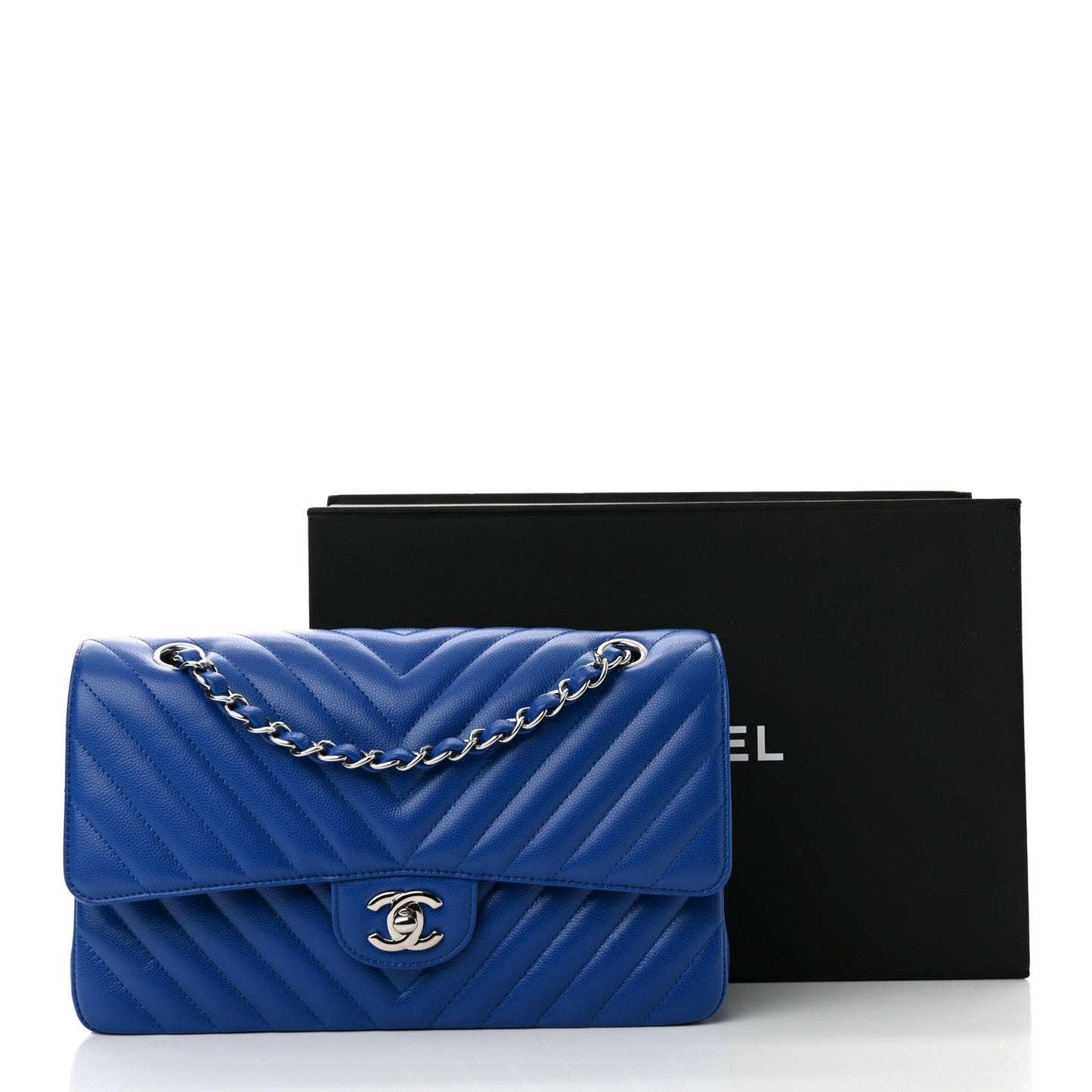 Caviar Chevron Quilted Medium Double Flap Blue