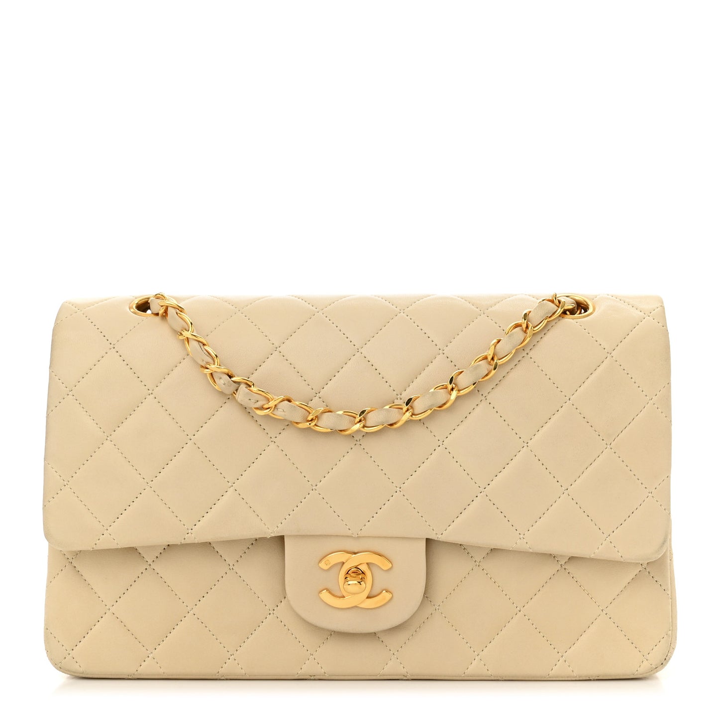 Lambskin Quilted Medium Double Flap Beige