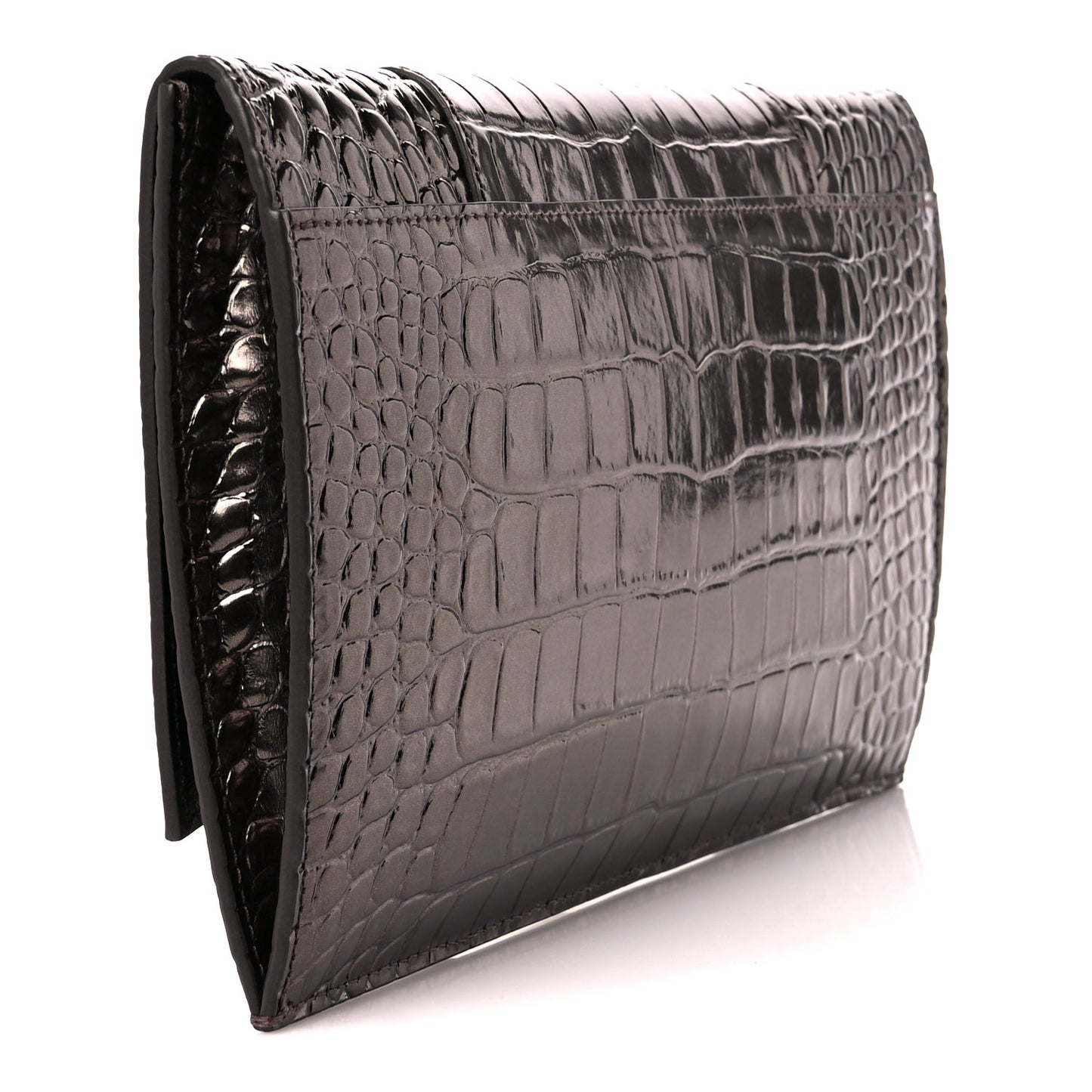 Shiny Metallic Calfskin Crocodile Embossed Hourglass Flap Flat Pouch Dark Bronze