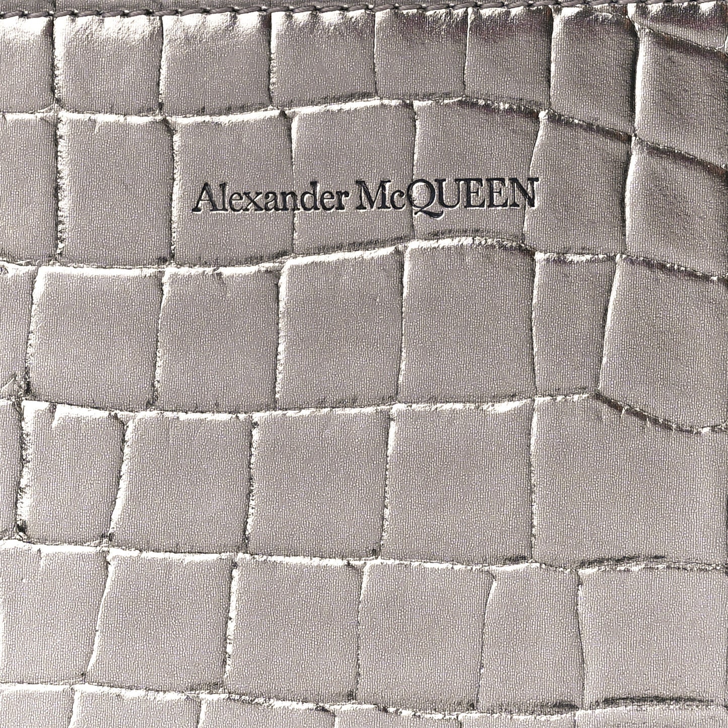 Metallic Calfskin Crocodile Embossed Knuckle Flat Zip Clutch Silver