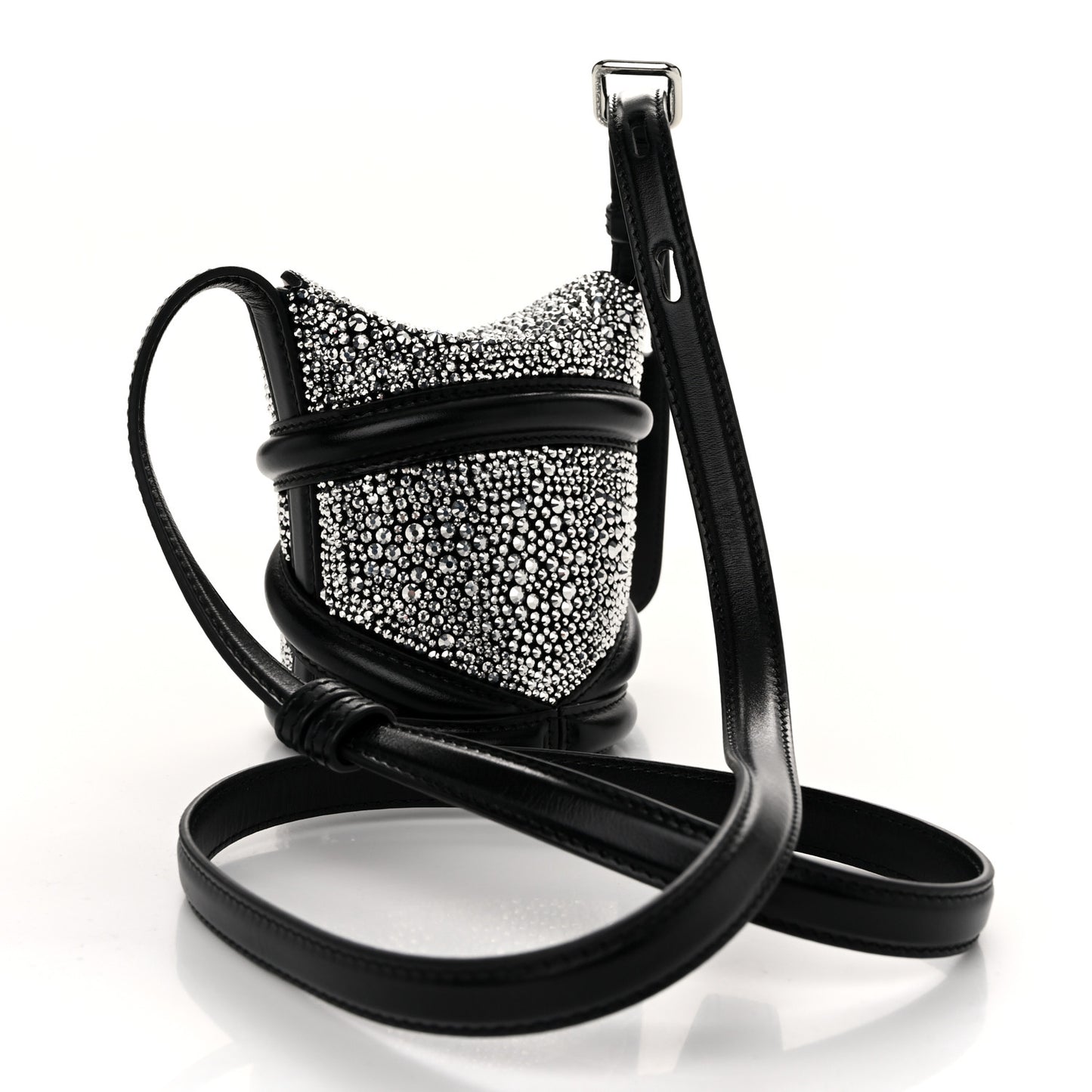 Metallic Calfskin Crystal Micro Curve Bucket Bag Black