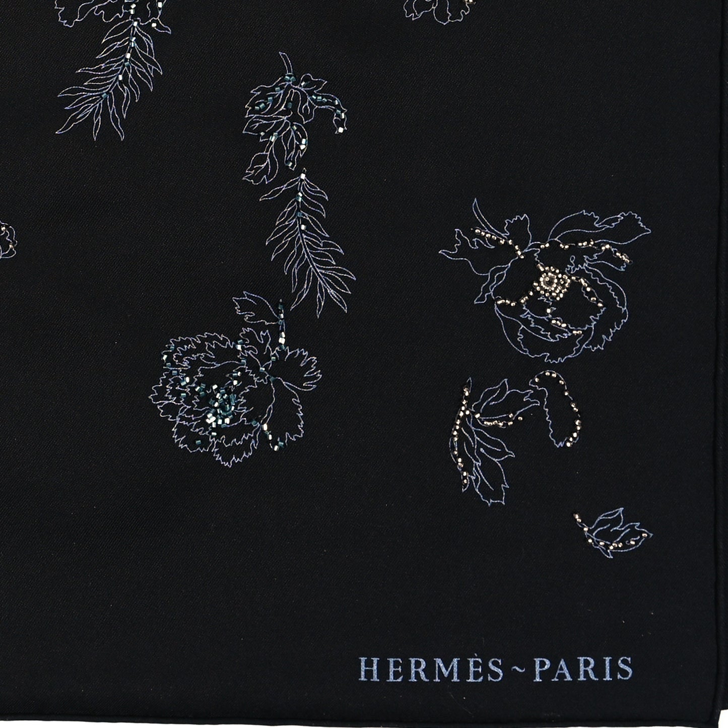 Silk Embroidered Robe Legere Scarf 90 Black Bleu