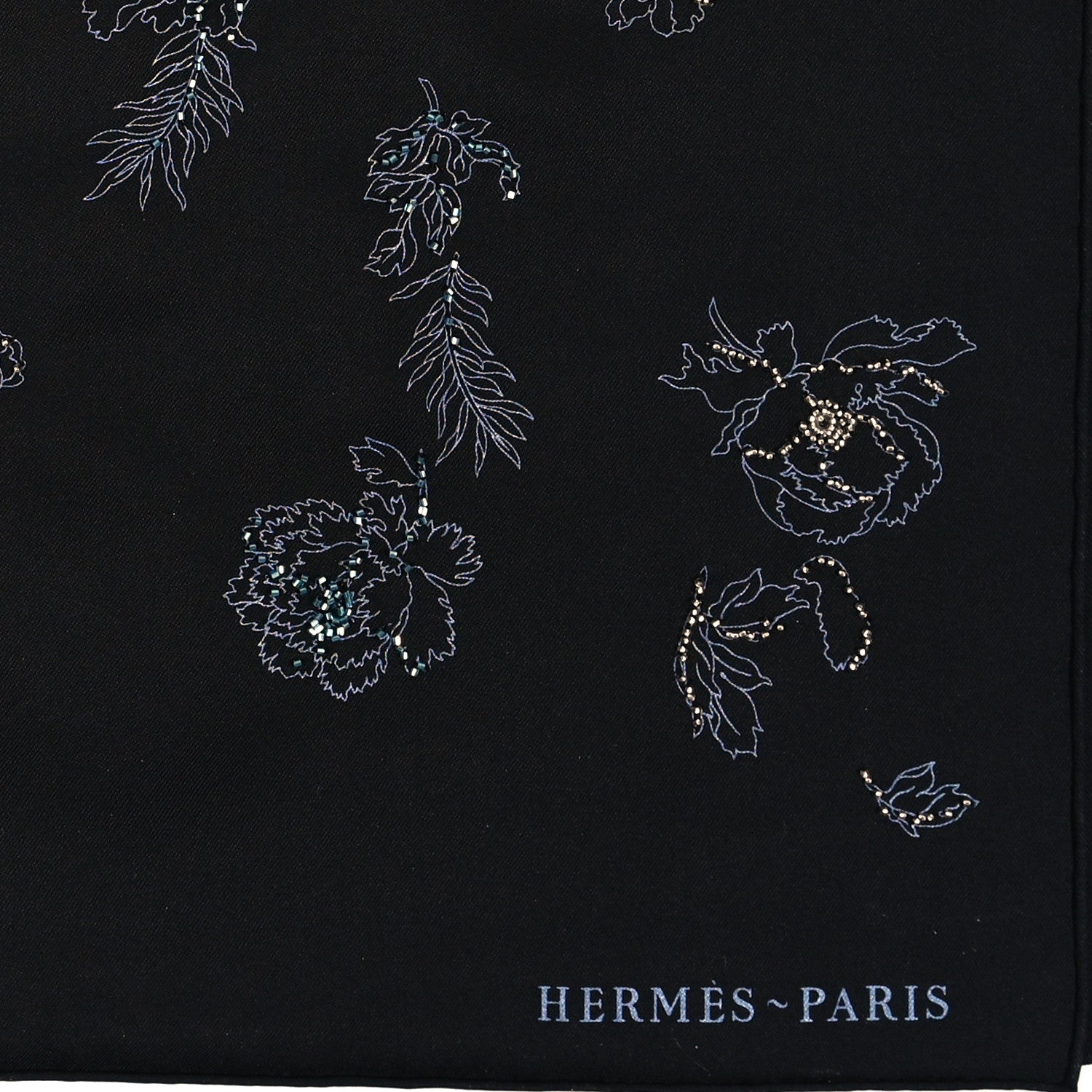 Hermes Silk Embroidered Robe Legere Scarf 90 Black Bleu 2 of 4
