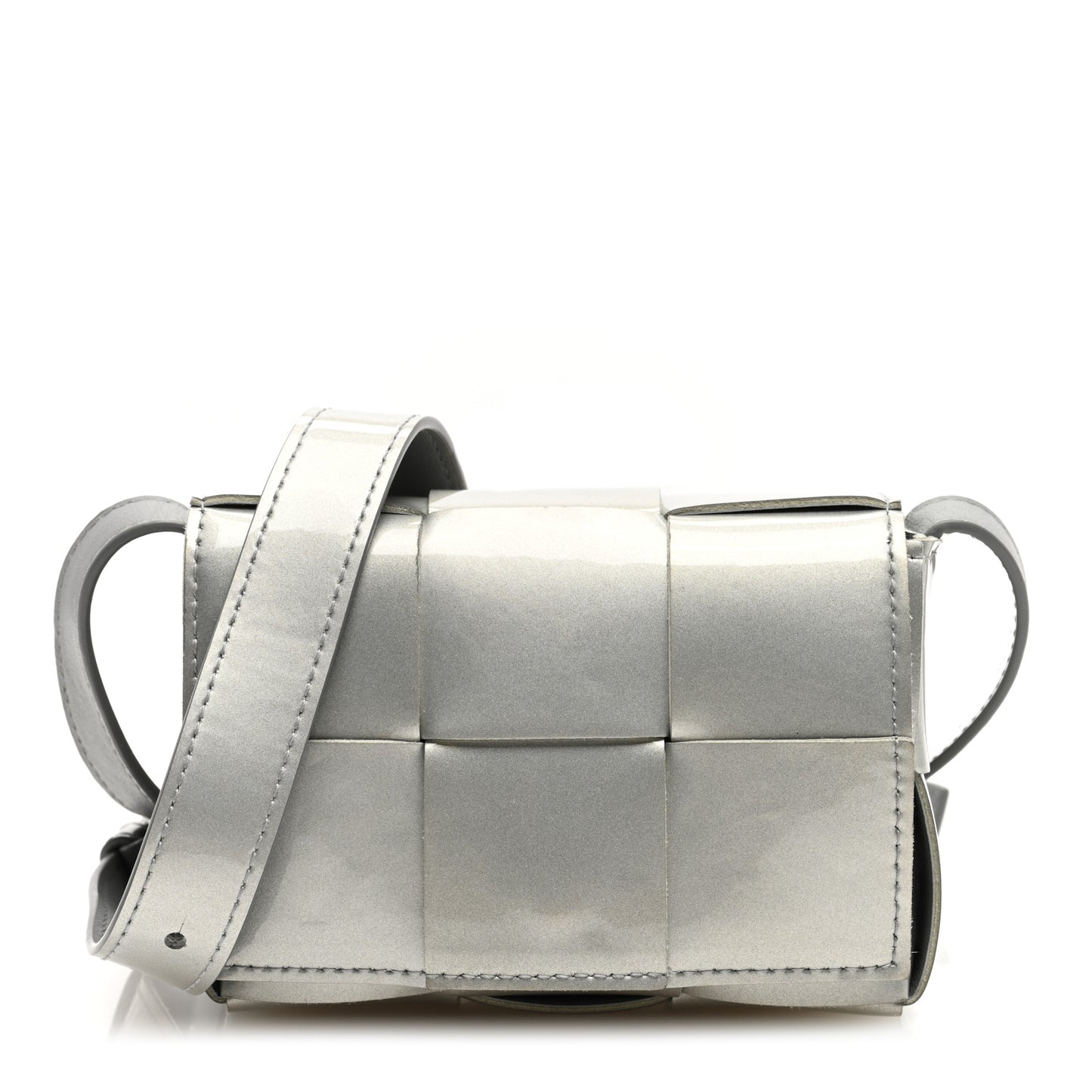 Metallic Patent Calfskin Maxi Intrecciato Extra Mini Cassette Crossbody Bag Silver