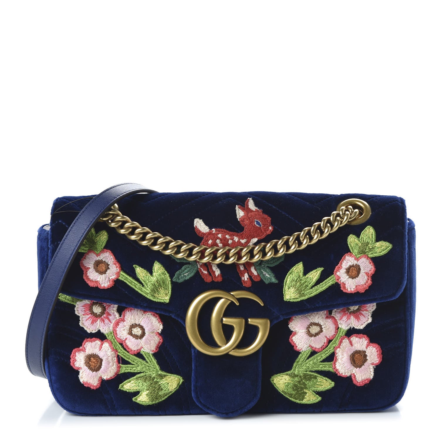 Gucci Velvet Matelasse Deer Embroidered Small GG Marmont Shoulder