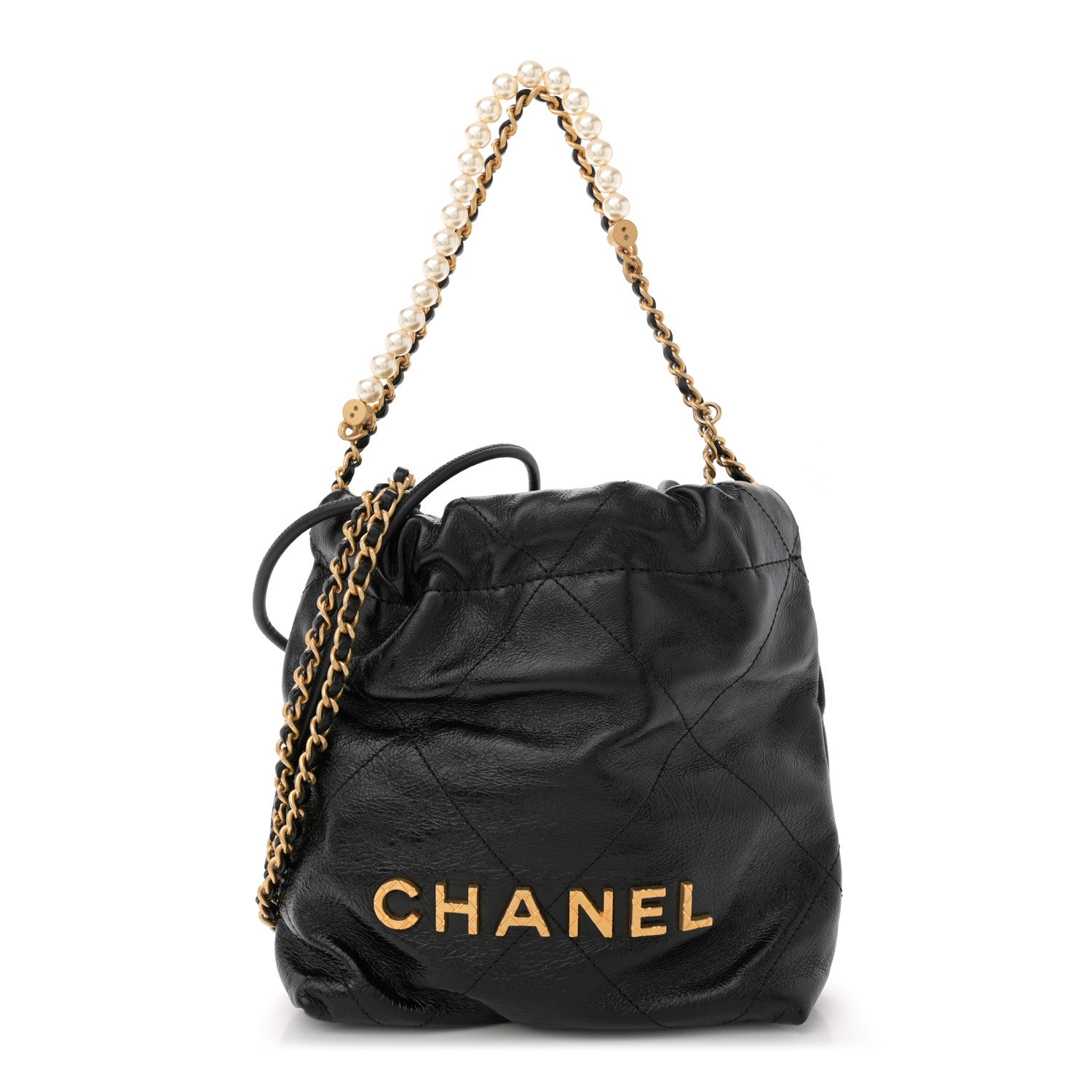Chanel Shiny Crumpled Calfskin Quilted Pearl Mini Chanel 22 Black
