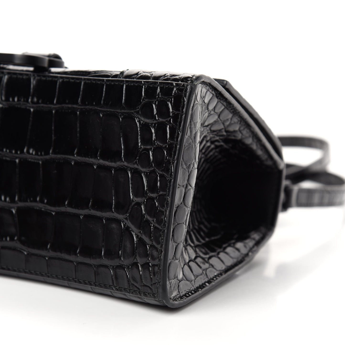 Shiny Calfskin Monochrome Crocodile Embossed Small Hourglass Top Handle Bag Black