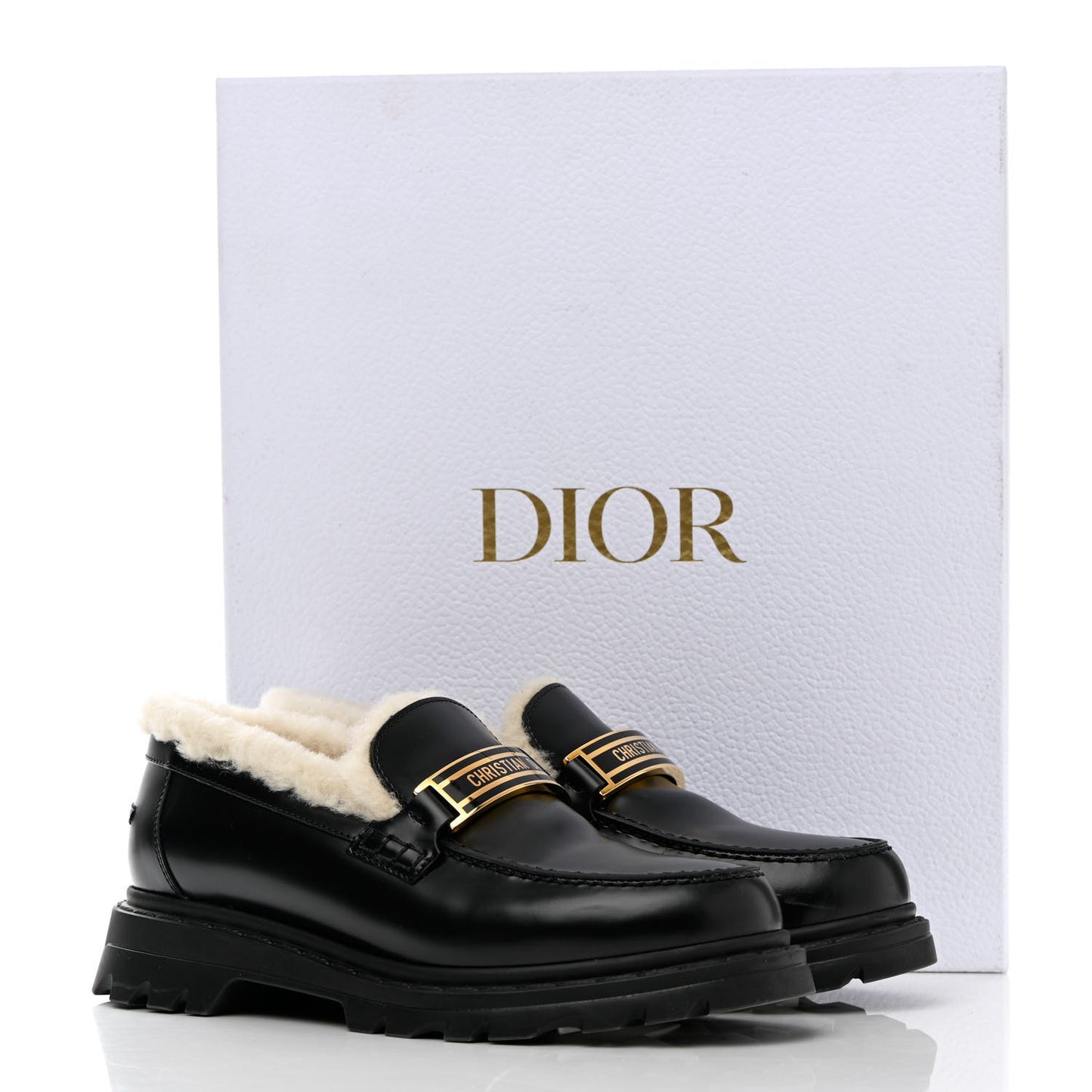 Brushed Calfskin Shearling Dior Code Lug Sole 15mm Loafers 36.5 Black Natural