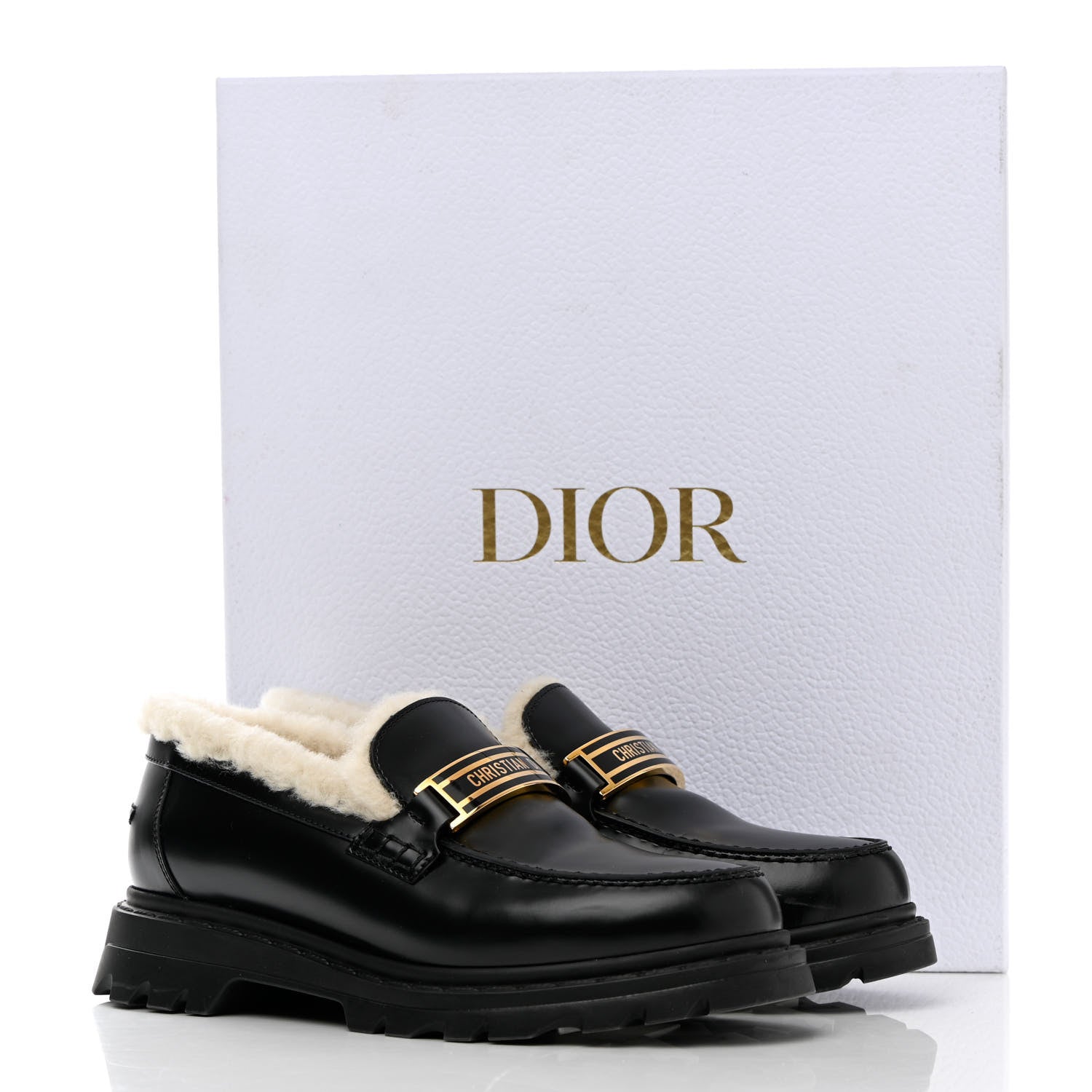 Christian Dior Brushed Calfskin Shearling Dior Code Lug Sole 15mm Loafers 36.5 Black Natural 11 of 11