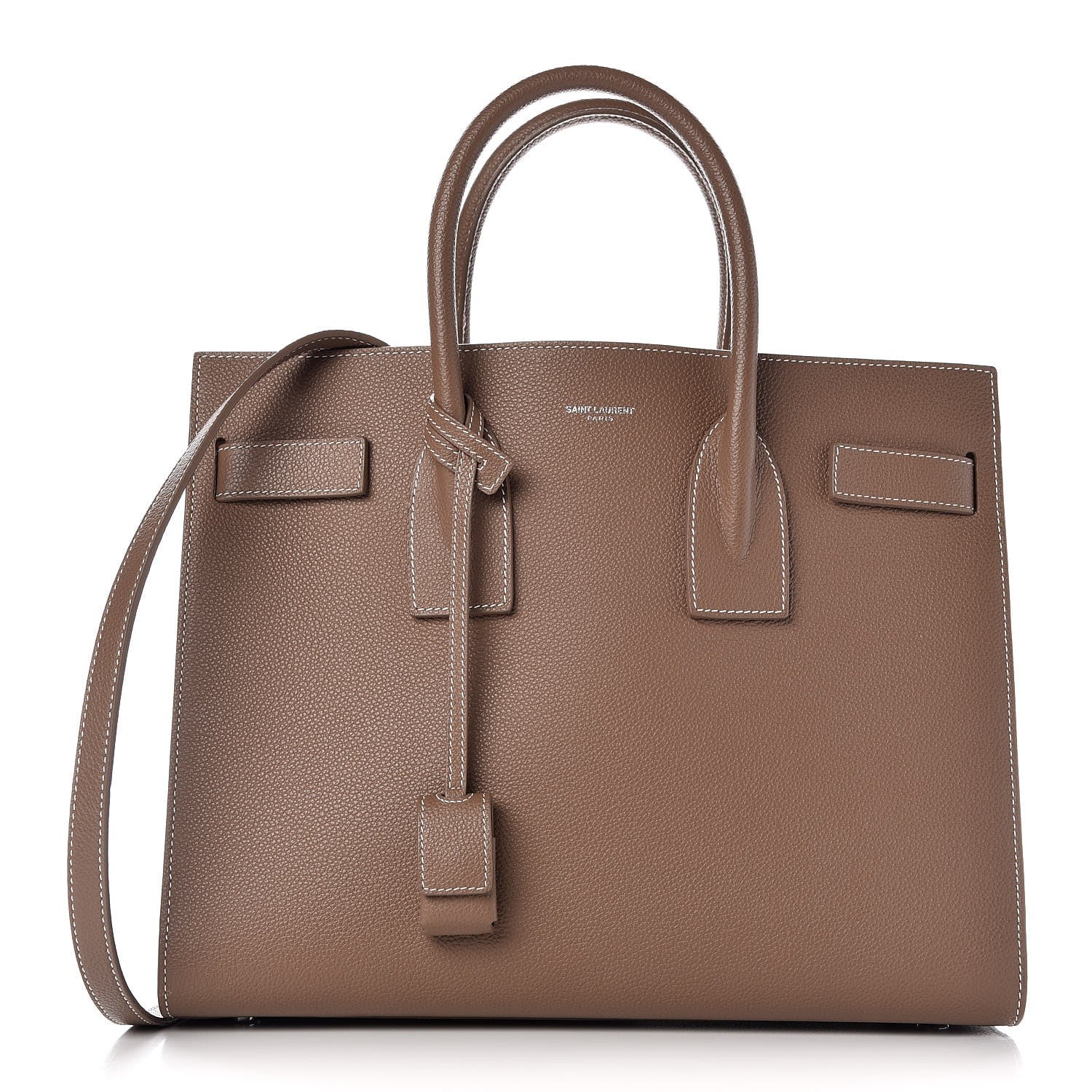 Saint Laurent Grained Calfskin Topstitch Small Sac De Jour Cognac