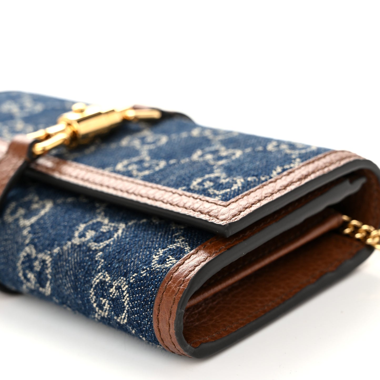 New Denim GG Monogram Jackie 1961 Chain Wallet Blue Tea Cuir