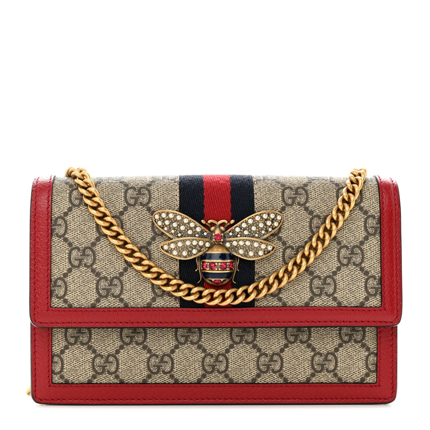 GG Supreme Monogram Web Queen Margaret Chain Wallet Red