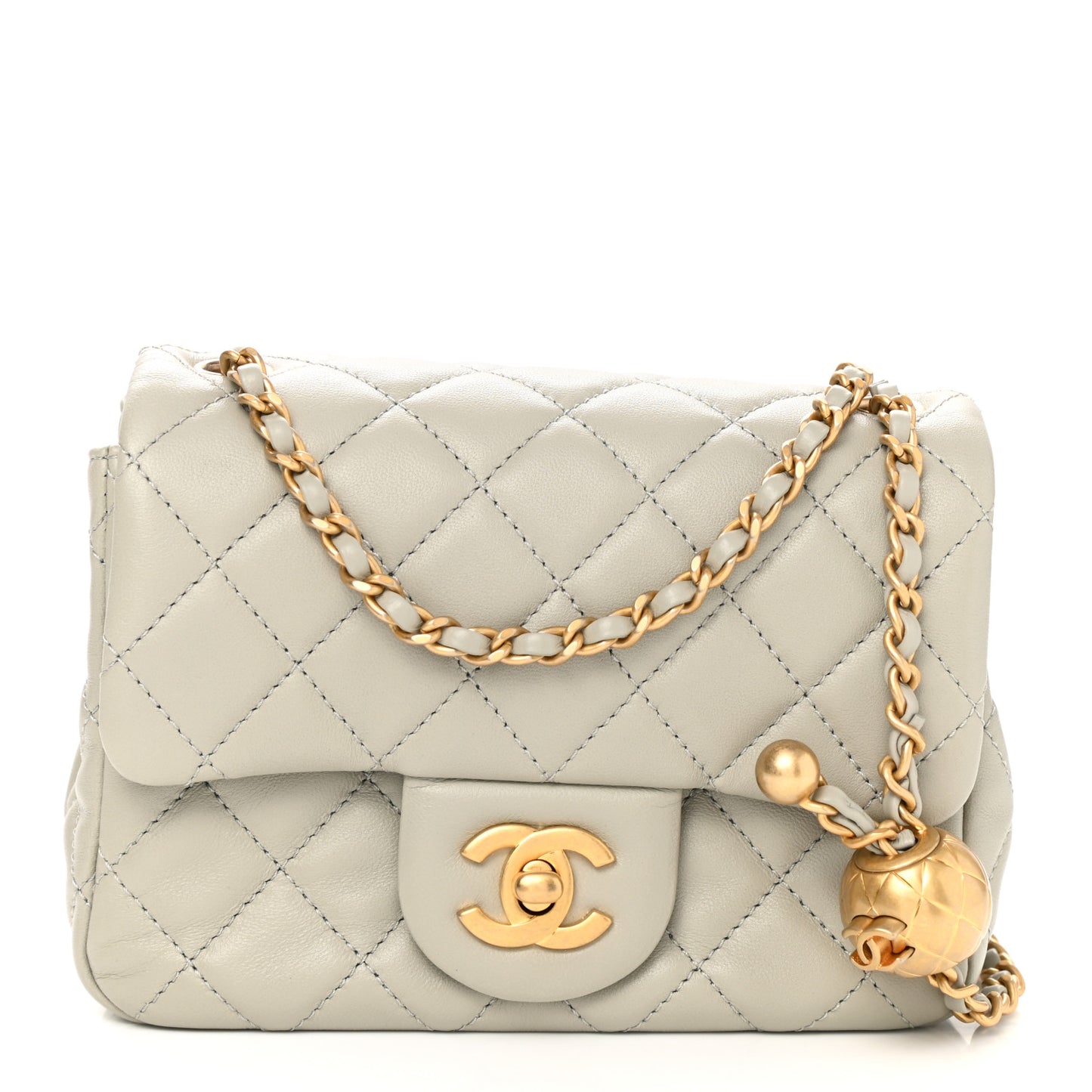 Lambskin Quilted Mini Pearl Crush Flap Light Grey