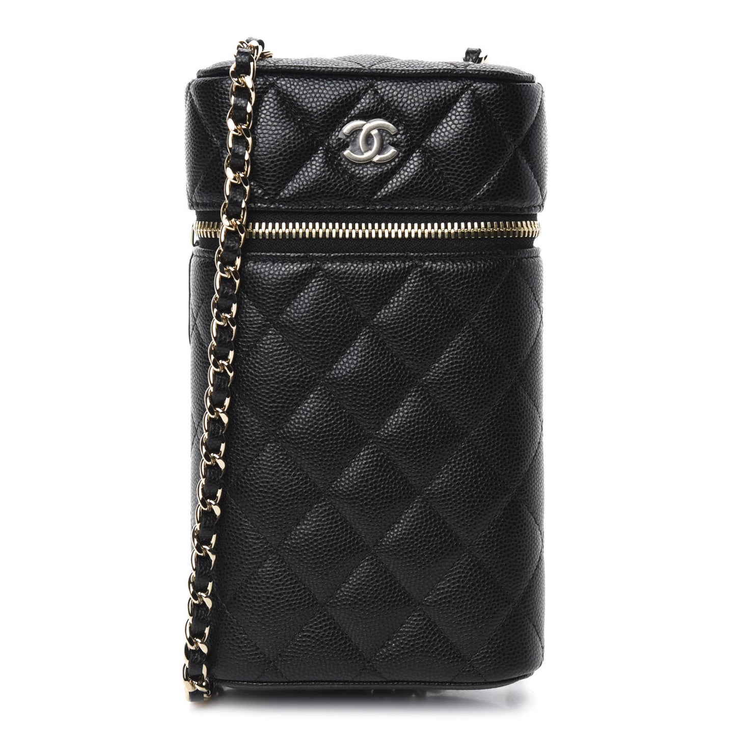 Caviar Quilted Phone Holder With Chain Black