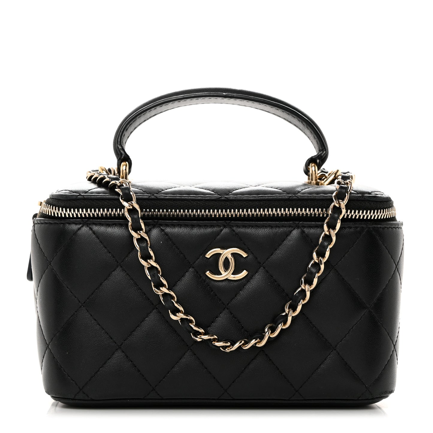 Lambskin Quilted Small Top Handle Vanity Case With Chain Black