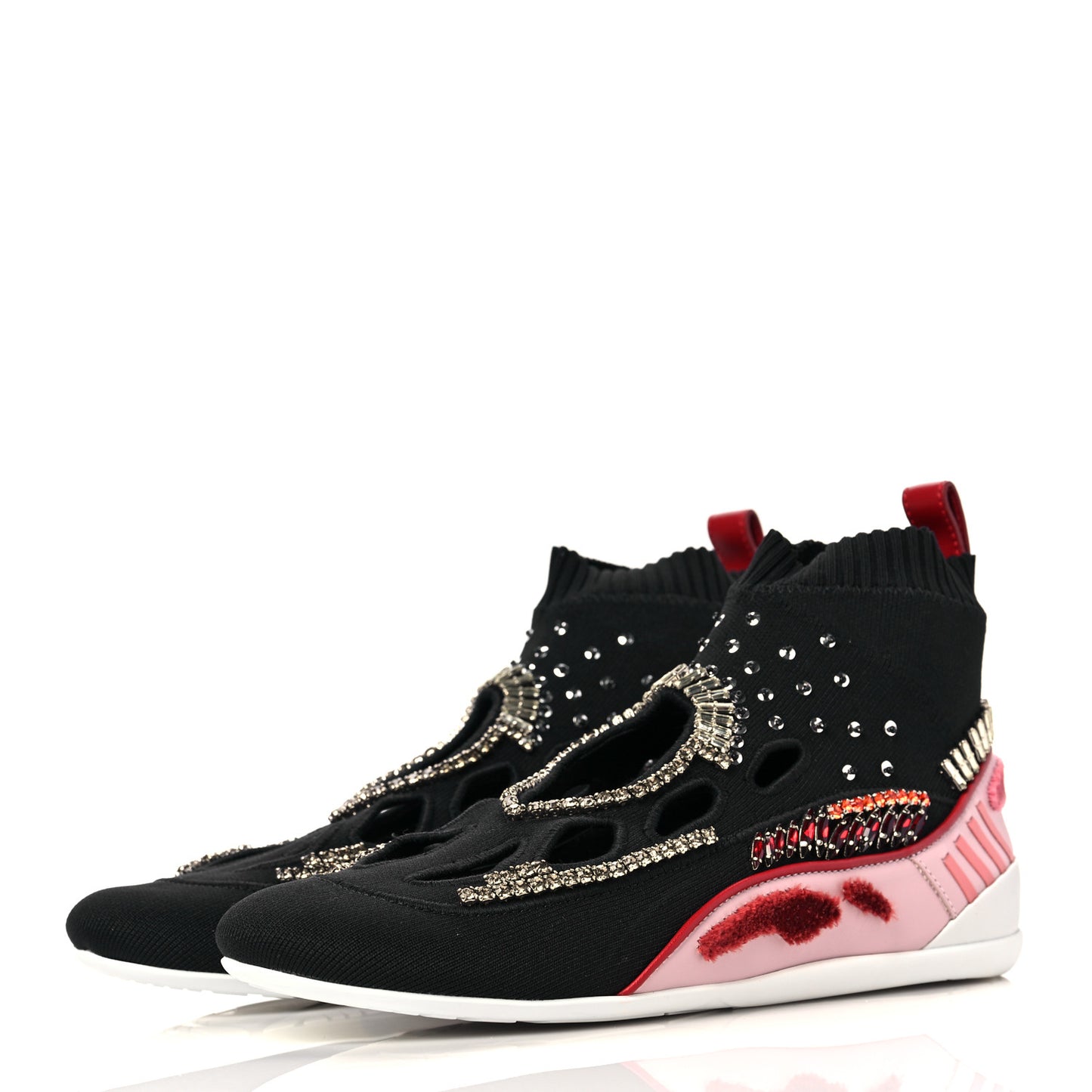 Calfskin Crystal Mesh Knit Cutout Odissey Sock Sneakers 36 Black Water