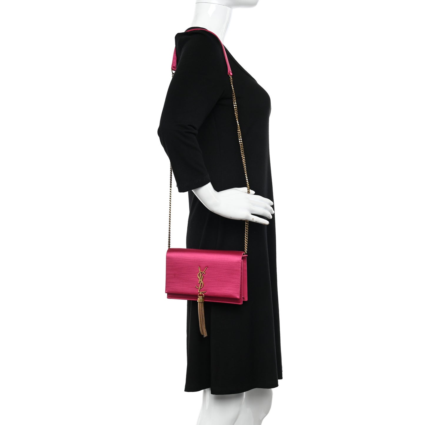 Satin Woven Monogram Kate Tassel Chain Wallet Guava Pink