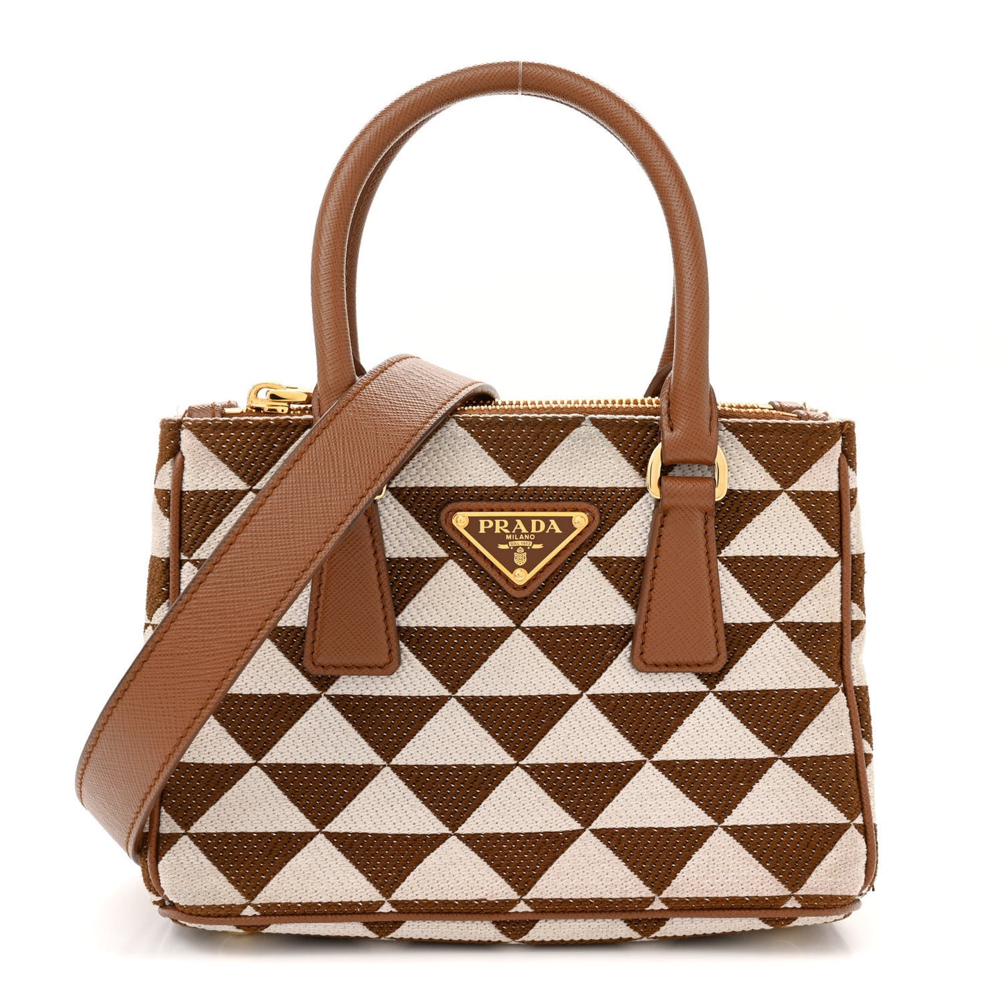 Jacquard Saffiano Triangolo Symbole Embroidered Mini Galleria Double Zip Tote Tabacco Talco
