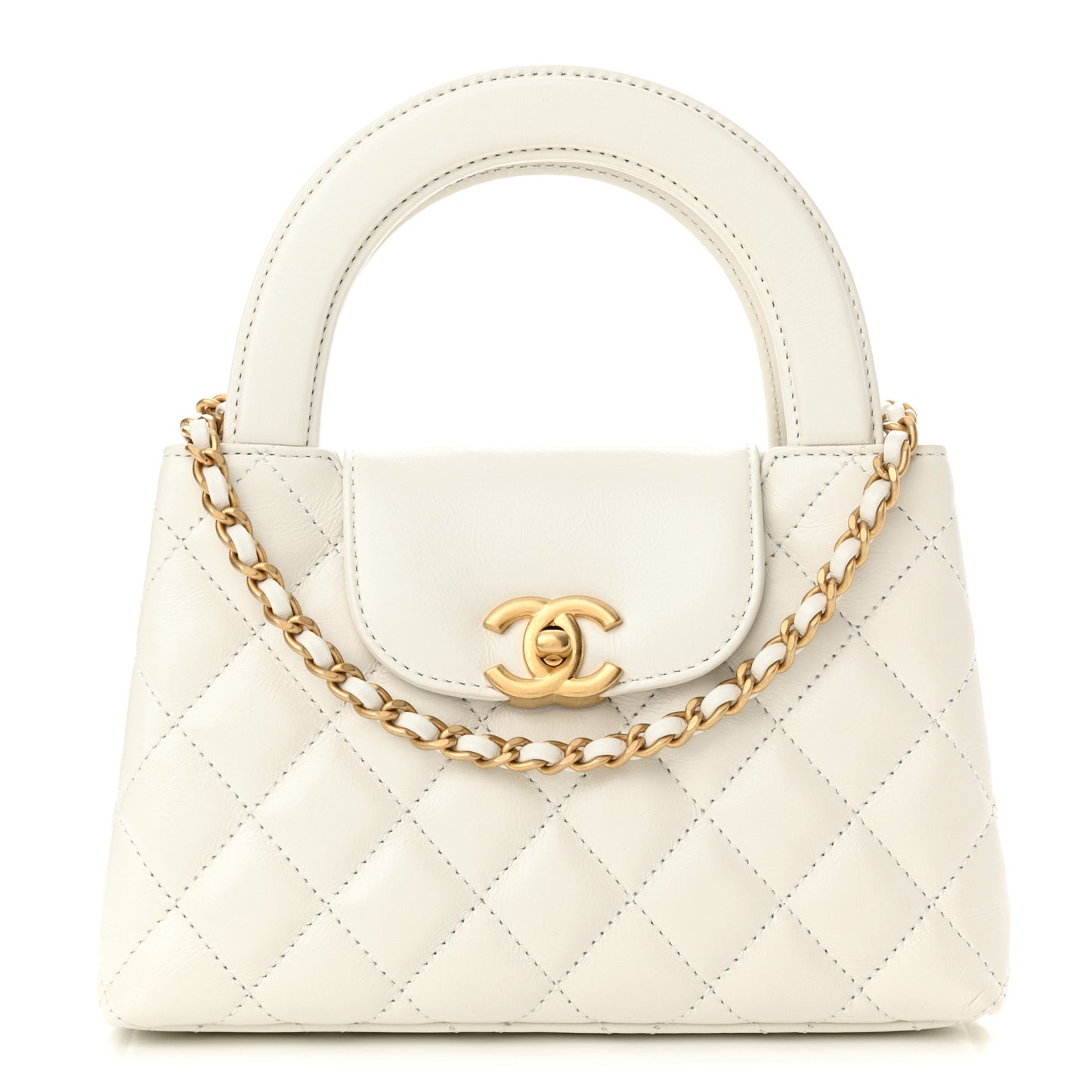 Shiny Aged Calfskin Quilted Nano Kelly Shopper White