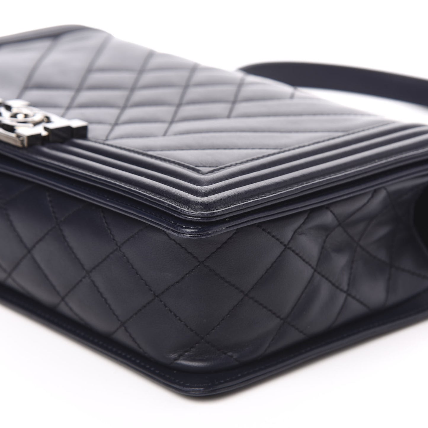 Calfskin Chevron Quilted New Medium Boy Flap Navy Blue