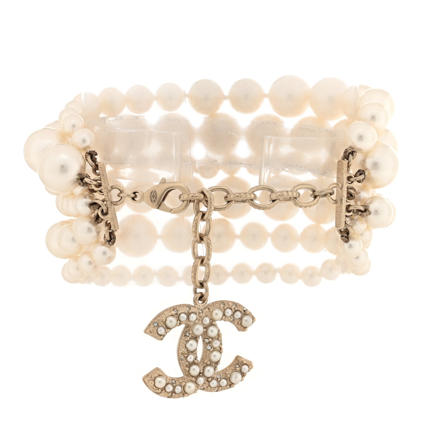 Graduated Pearl Crystal CC Multi Strand Bracelet Gold
