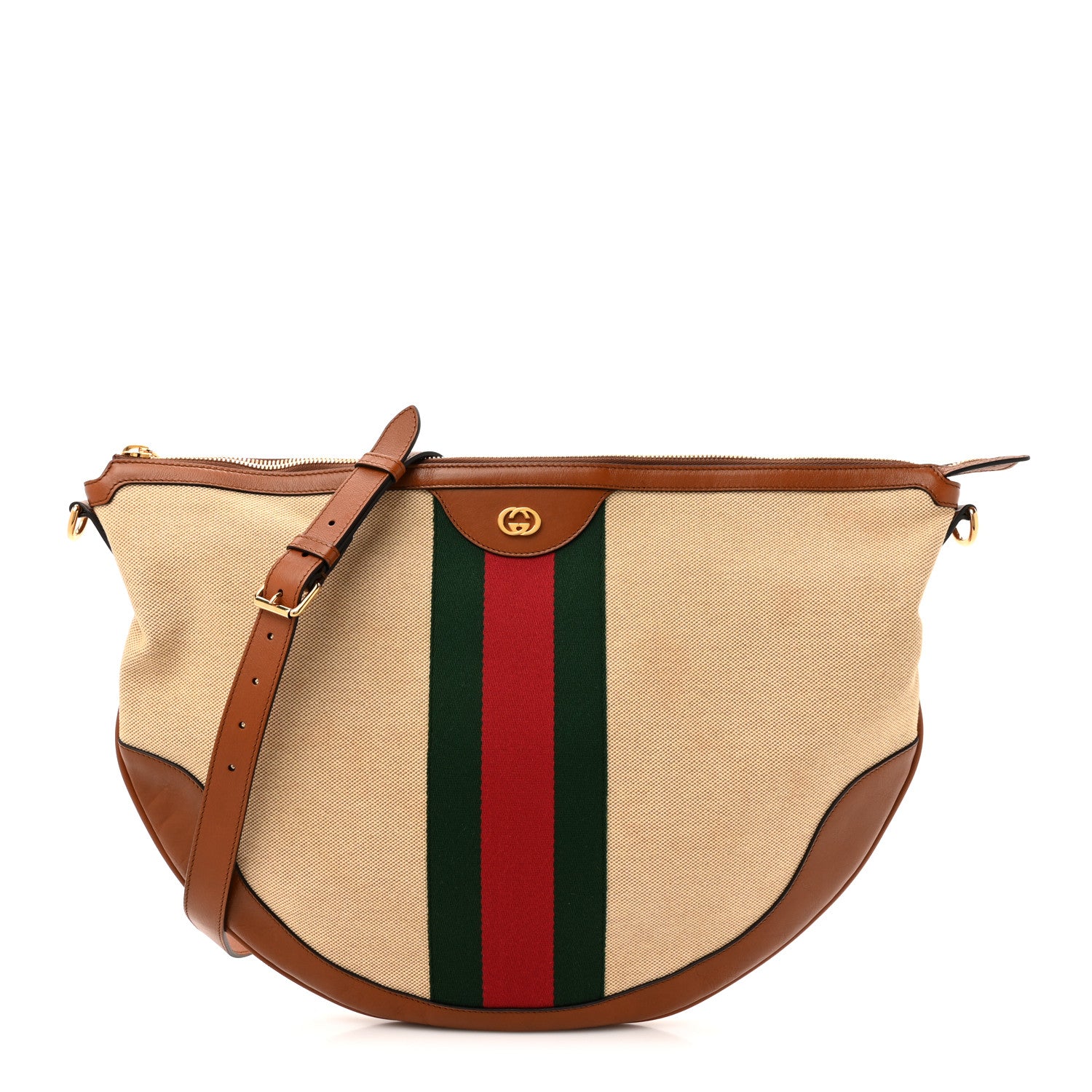 Gucci Vintage Canvas Calfskin Web Large Ophidia Half Moon Hobo