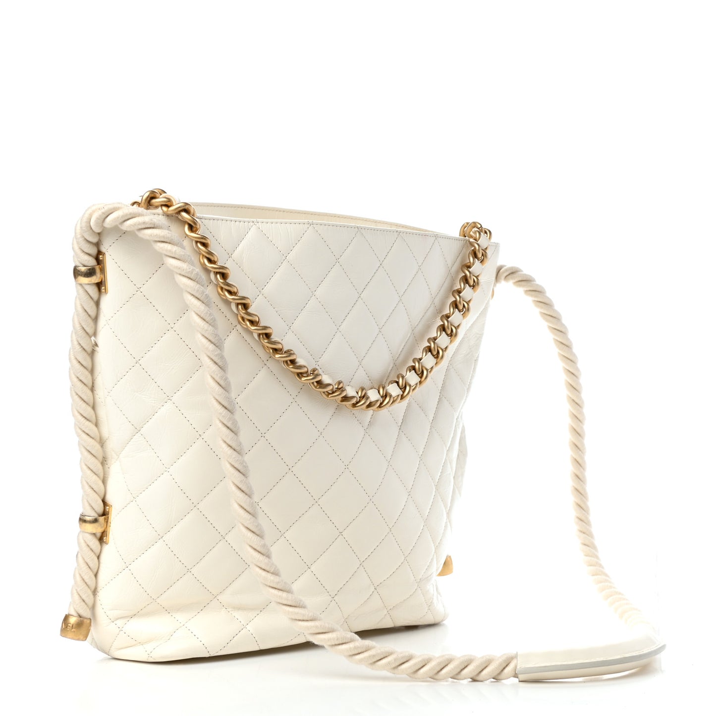 Crumpled Calfskin En Vogue Rope Hobo Bag White