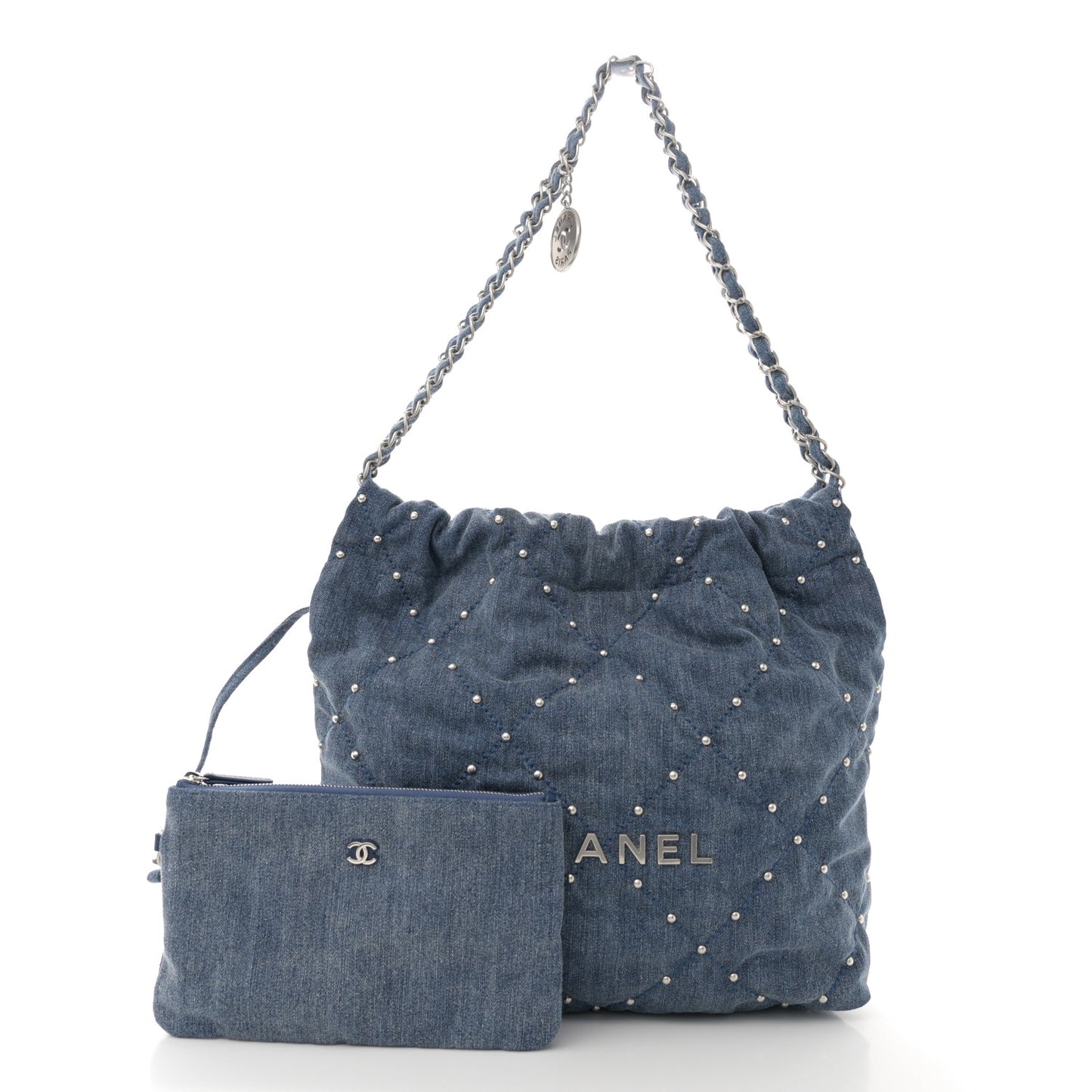 Washed Denim Quilted Studded Small Chanel 22 Blue