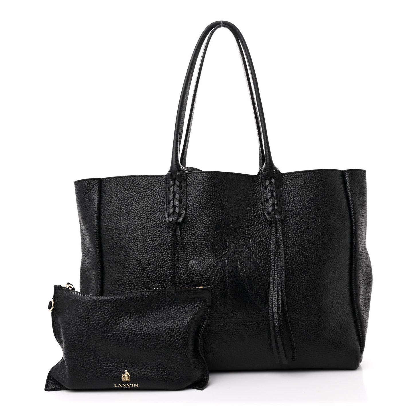 Grained Calfskin Logo Small Fringe Shopper Tote Black